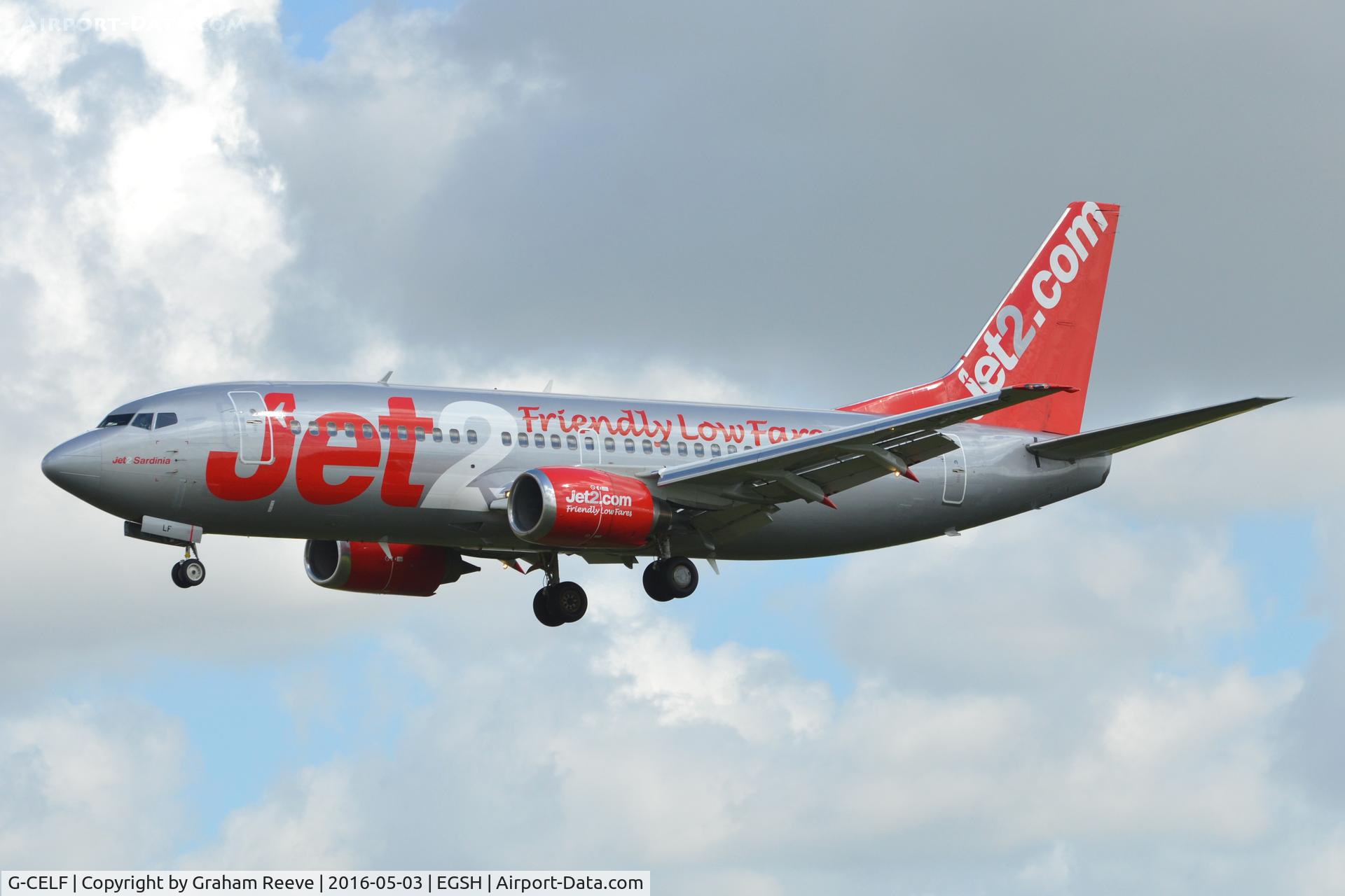 G-CELF, 1988 Boeing 737-377 C/N 24302, Landing at Norwich.