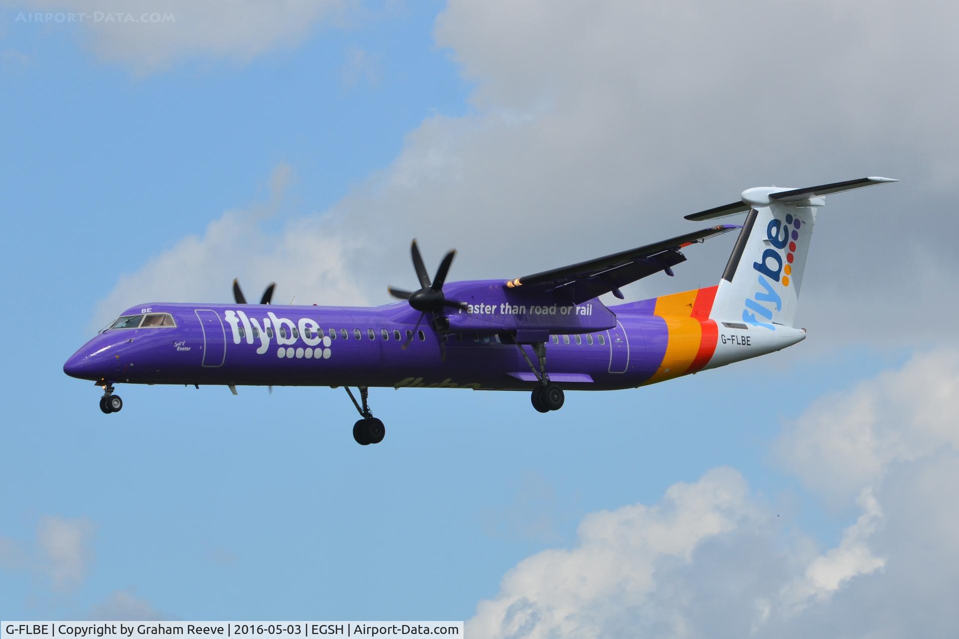 G-FLBE, 2009 De Havilland Canada DHC-8-402Q Dash 8 C/N 4261, Landing at Norwich.