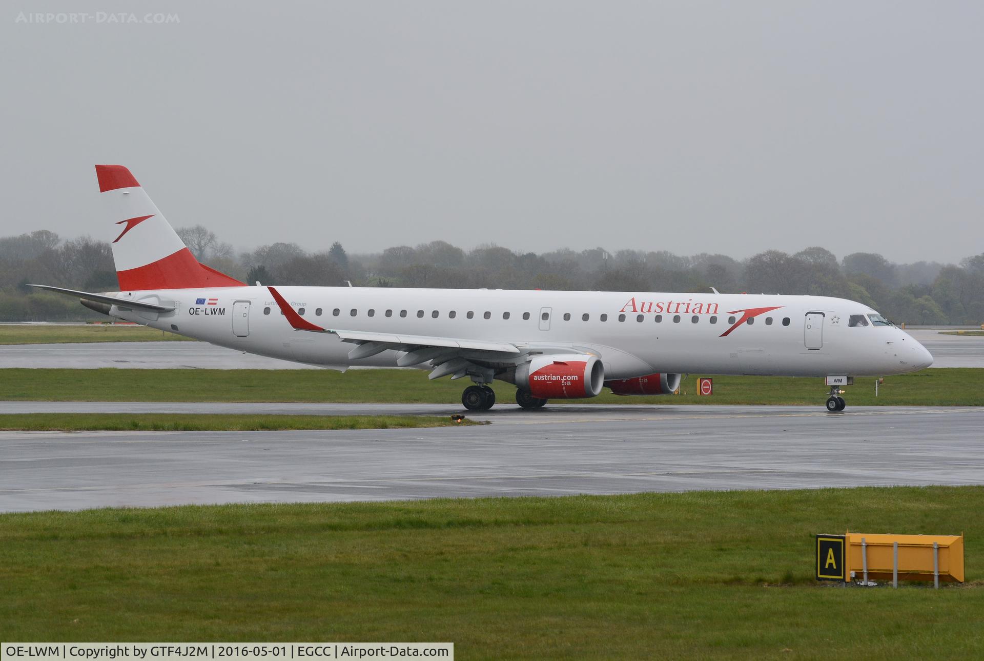 OE-LWM, 2012 Embraer 195LR (ERJ-190-200LR) C/N 19000542, OE-LWM of Austrian AL at Manchester 1.5.16