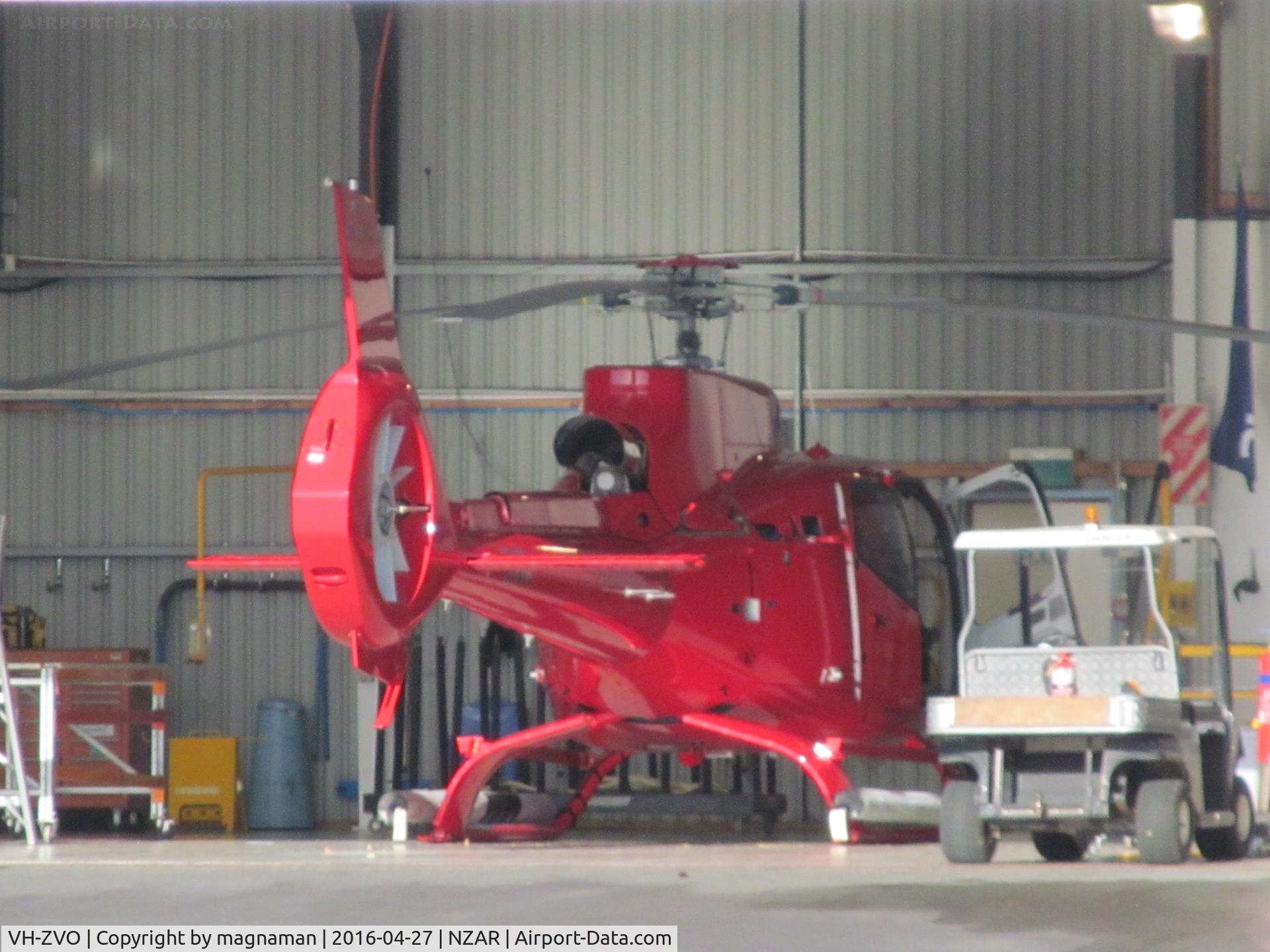 VH-ZVO, 2015 Airbus Helicopters EC-130T-2 C/N 8186, In airbus hangar at Ardmore on 27/4/16 day after official oz registration taken up. Was covered in plastic being painted a week earlier.