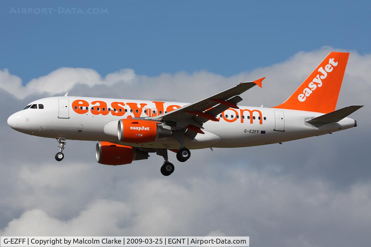 G-EZFF, 2009 Airbus A319-111 C/N 3844, Airbus A319-111 on approach to 25 at Newcastle Airport, March 2009.