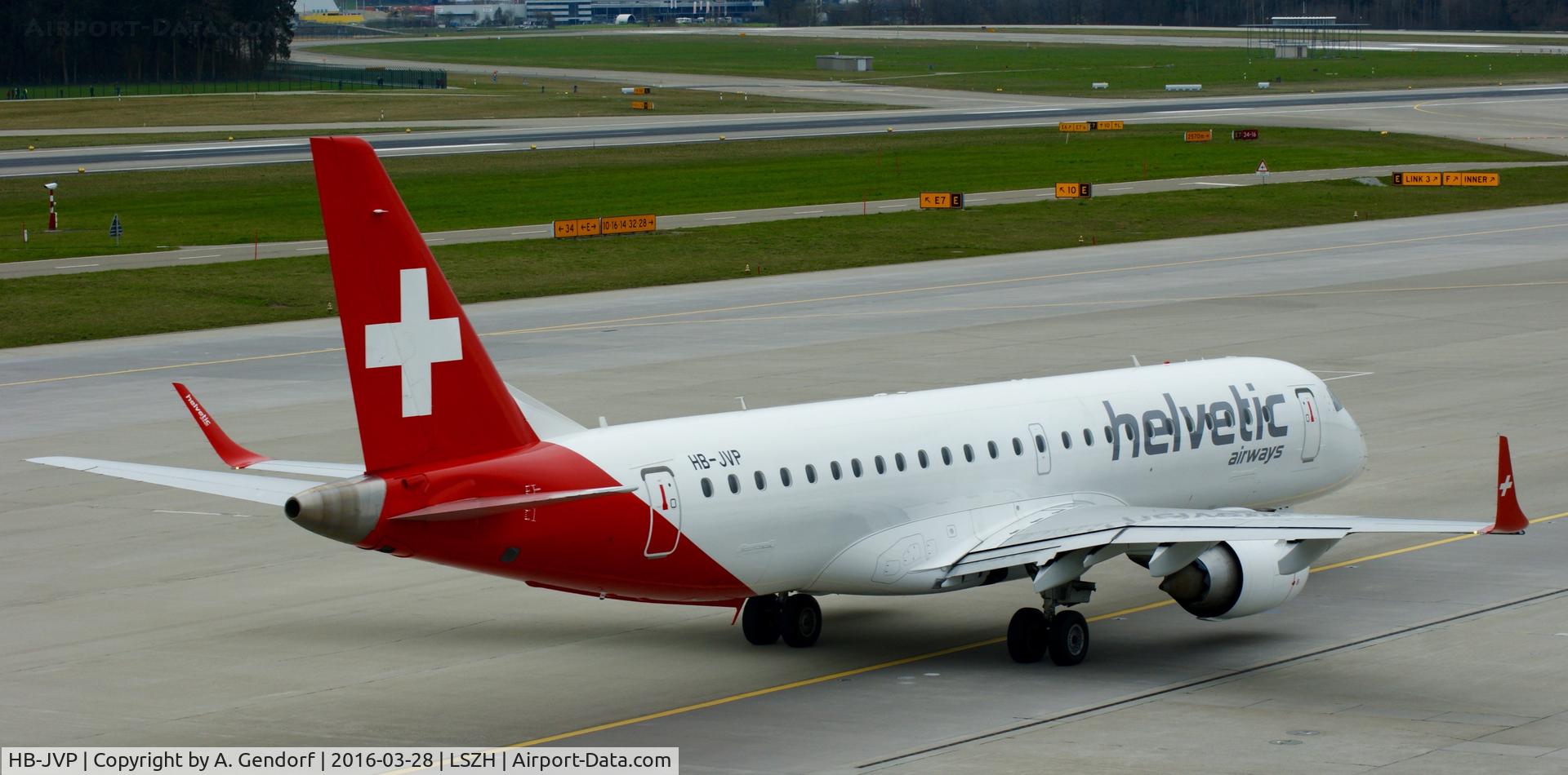 HB-JVP, 2010 Embraer 190LR (ERJ-190-100LR) C/N 19000387, Helvetic, is here taxiing at Zürich-Kloten(LSZH)