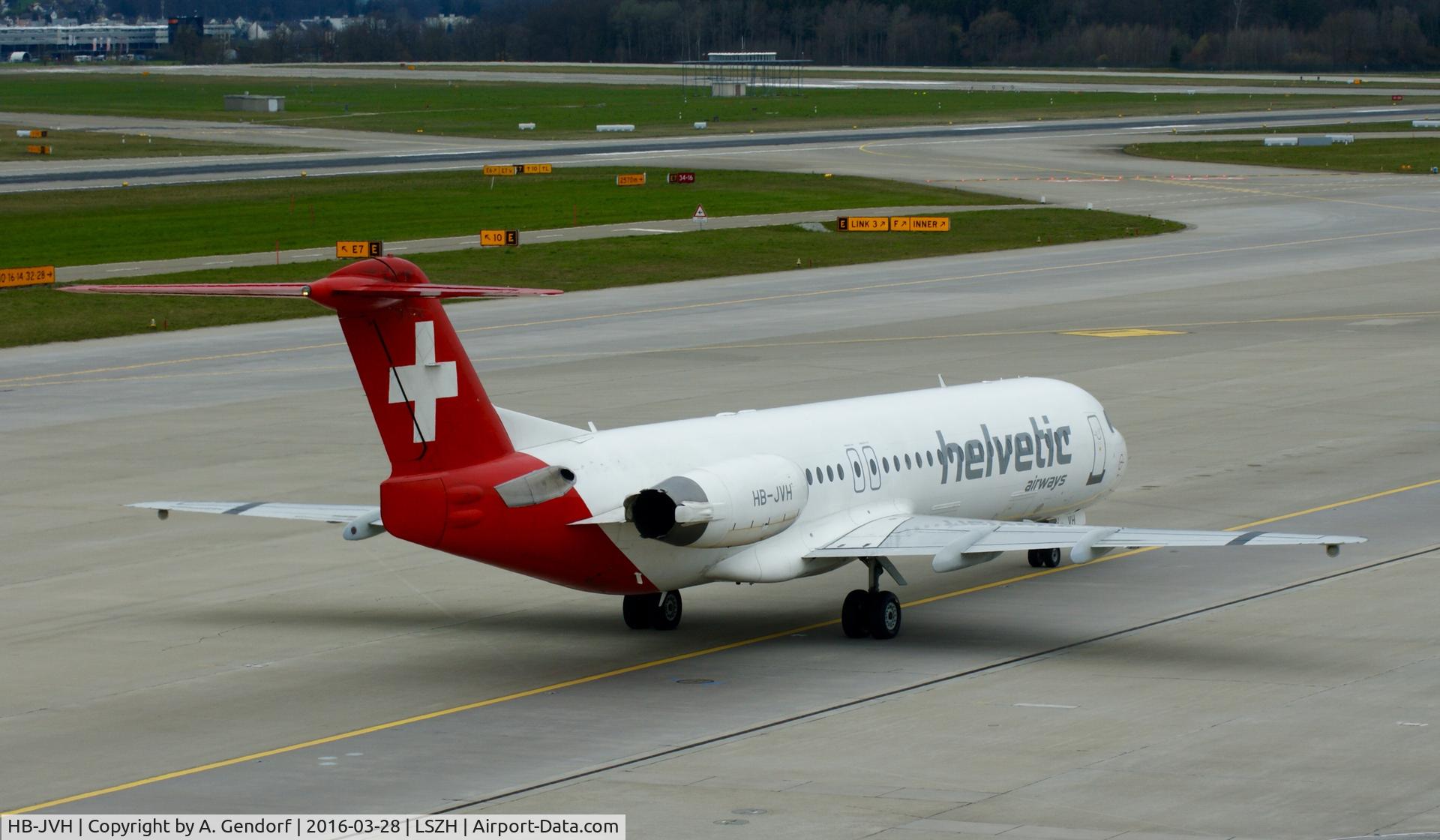 HB-JVH, 1990 Fokker 100 (F-28-0100) C/N 11324, Helvetic, is here at Zürich-Kloten(LSZH)