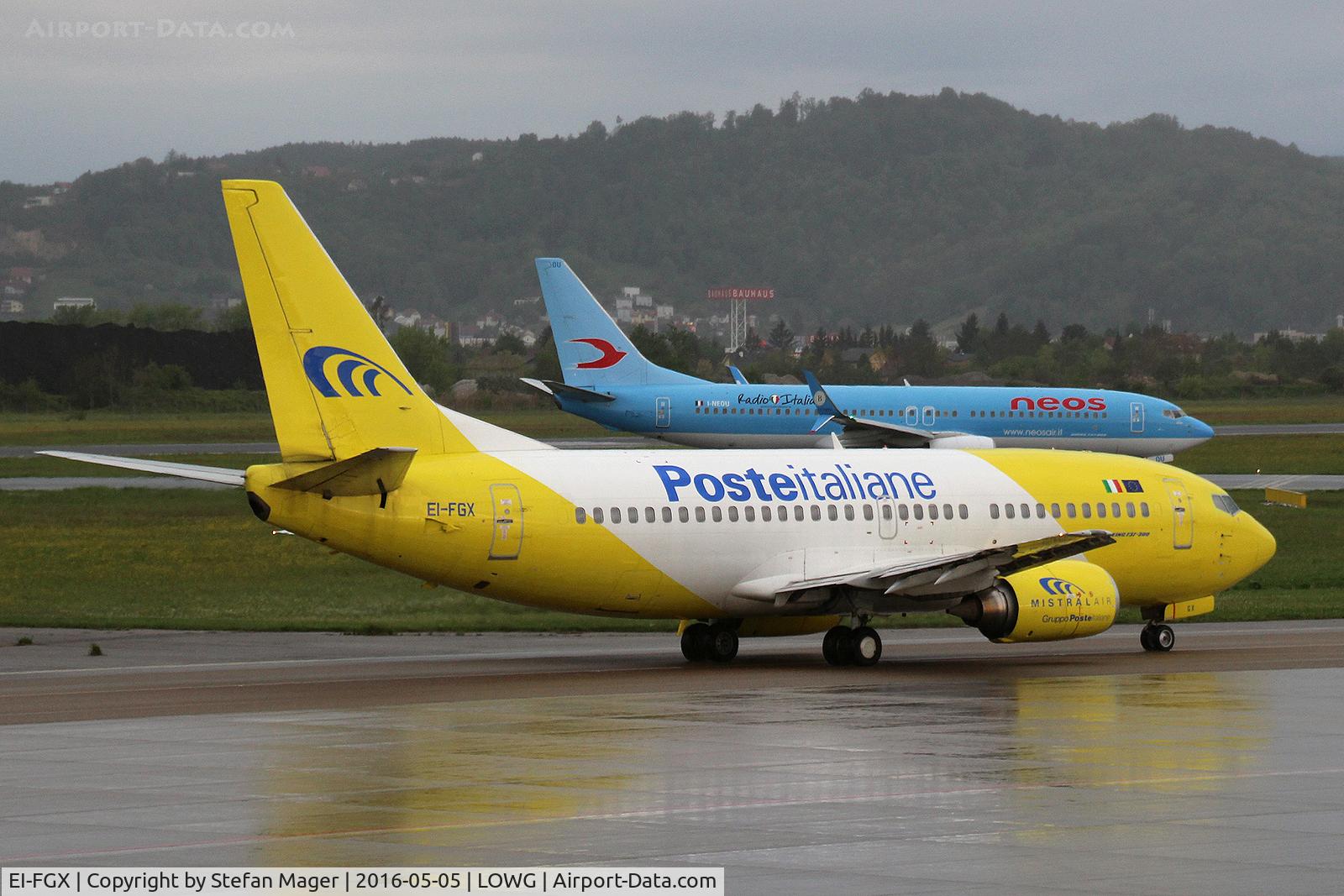 EI-FGX, 1998 Boeing 737-3Q8 C/N 28054, Mistral Air B.737-300 @GRZ (CTA-GRZ-FCO)
Neos B.737-800 @GRZ (MPX-GRZ-VLC)