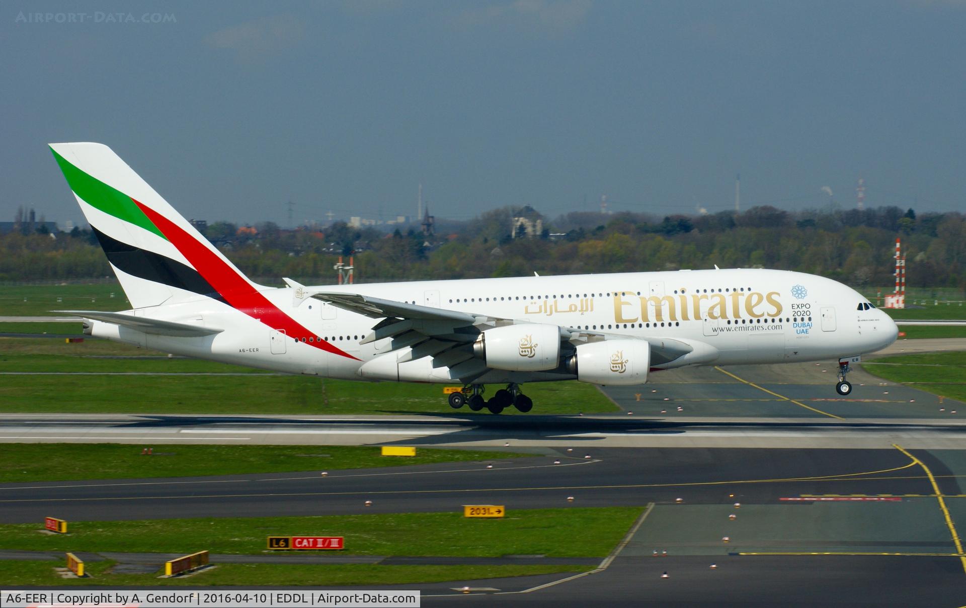 A6-EER, 2013 Airbus A380-861 C/N 139, Emirates, is here landing at Düsseldorf Int'l(EDDL)