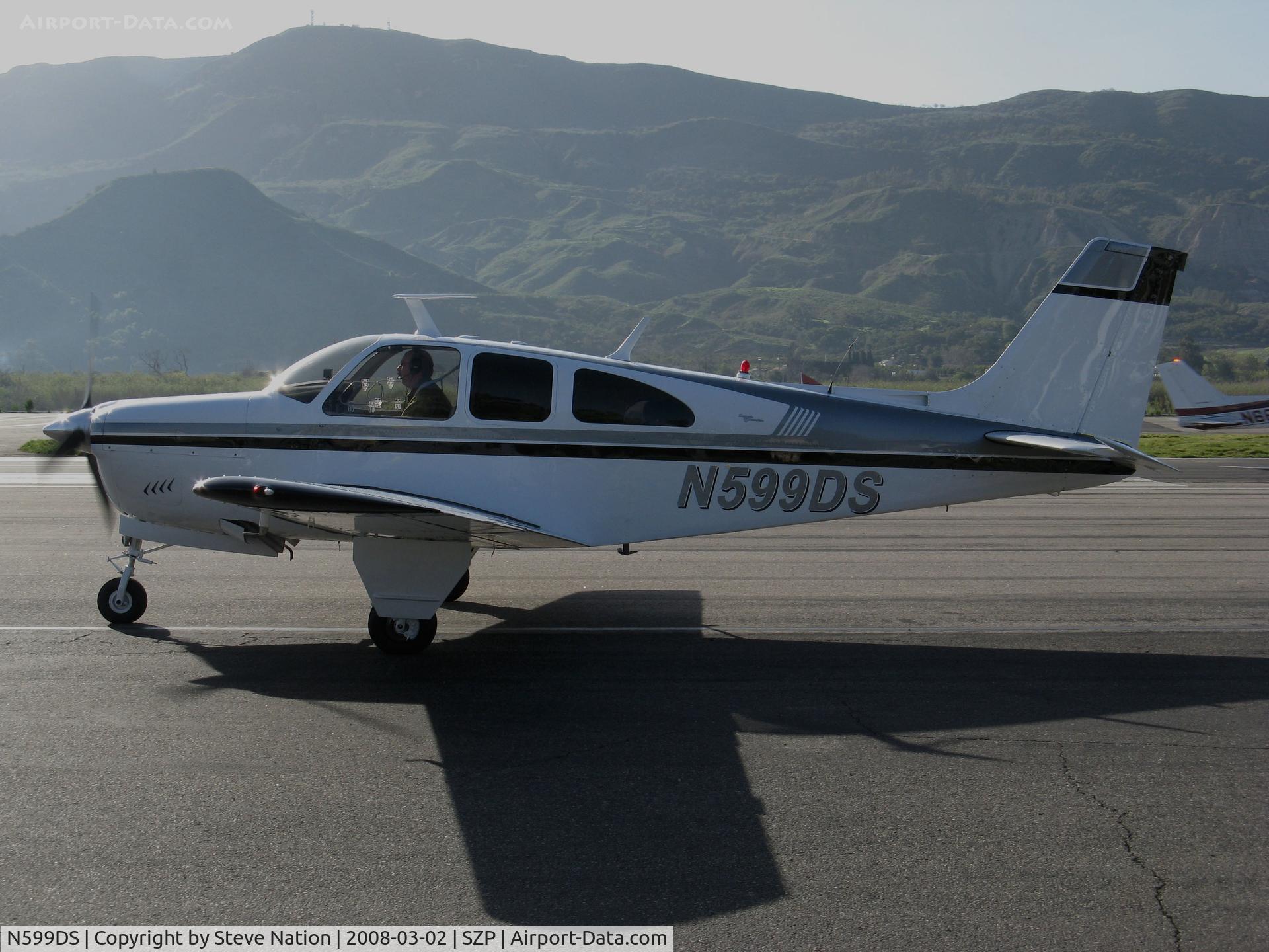 N599DS, 1967 Beech E33A Bonanza C/N CE-182, Locally-based 1967 Beech E33A Bonanza taxis in on return to Santa Paula Airport, CA