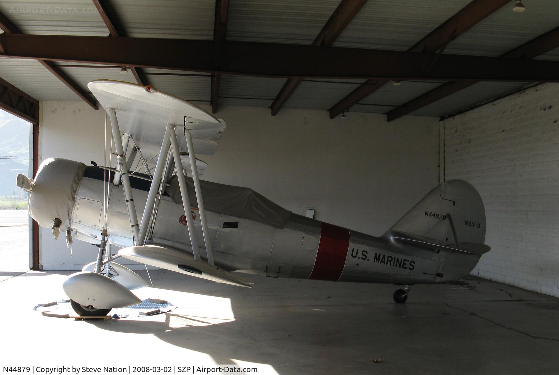 N44879, 1940 Naval Aircraft Factory N3N-3 C/N 4425, Locally-based 1940 Naval Aircraft Factory N3N-3 Yellow Peril in US Marines paint scheme with cockpit cover @ Santa Paula Airport, CA