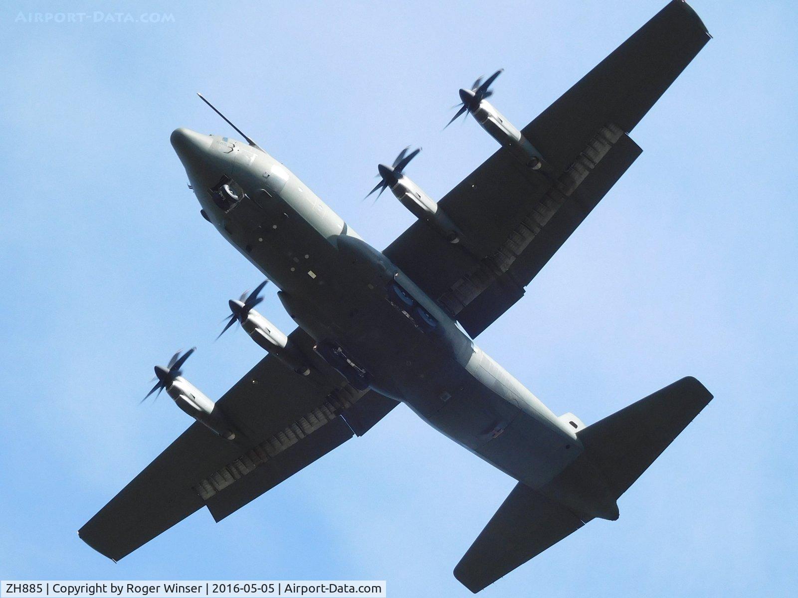 ZH885, 1999 Lockheed Martin C-130J Hercules C.5 C/N 382-5483, Off airport. RAF Hercules C.5 aircraft coded 885 (Zorro 2) of the Brize Norton Transport Wing on long finals for a low level pass over Runway 22 at Swansea Airport, Wales, UK.
