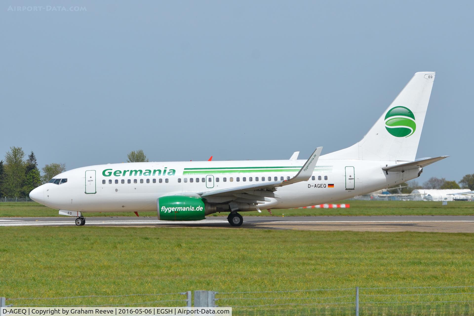 D-AGEQ, 1998 Boeing 737-75B C/N 28103, About to depart from Norwich.