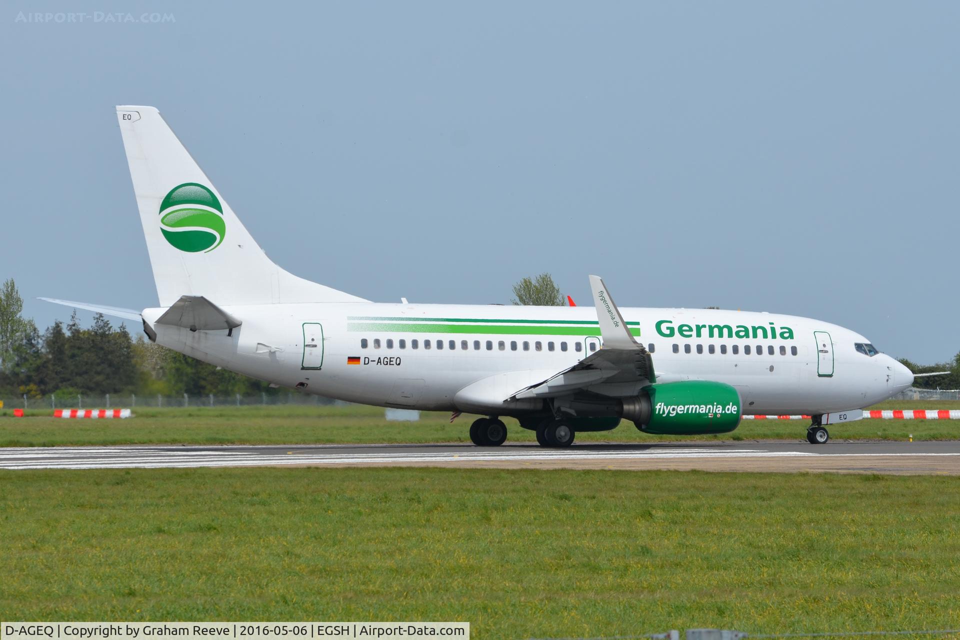 D-AGEQ, 1998 Boeing 737-75B C/N 28103, About to depart from Norwich.