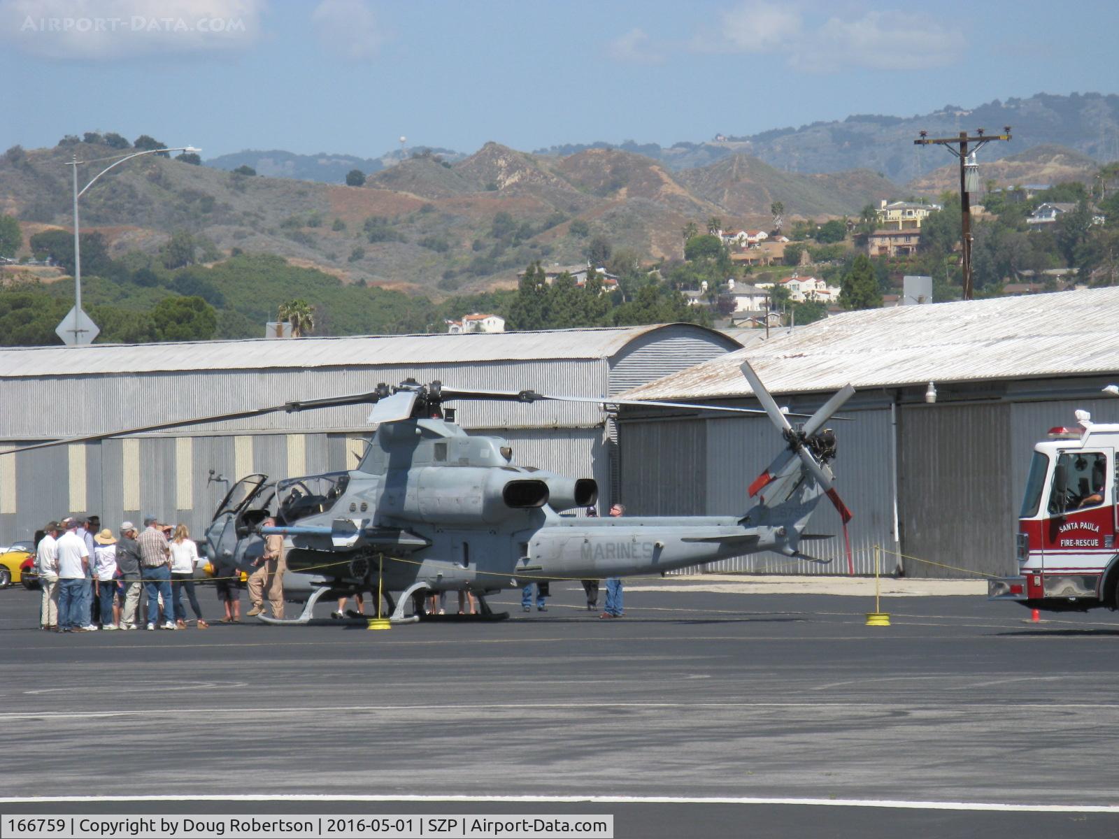 166759, 2005 Bell AH-1Z Viper C/N Not found 166759, Bell Textron AH-1Z COBRA/VIPER USMC Attack Helicopter, two General Electric T700-GE-401C/C Turboshaft engines 1,800 shp each, quite an attraction adjacent the Pendleton hangar.