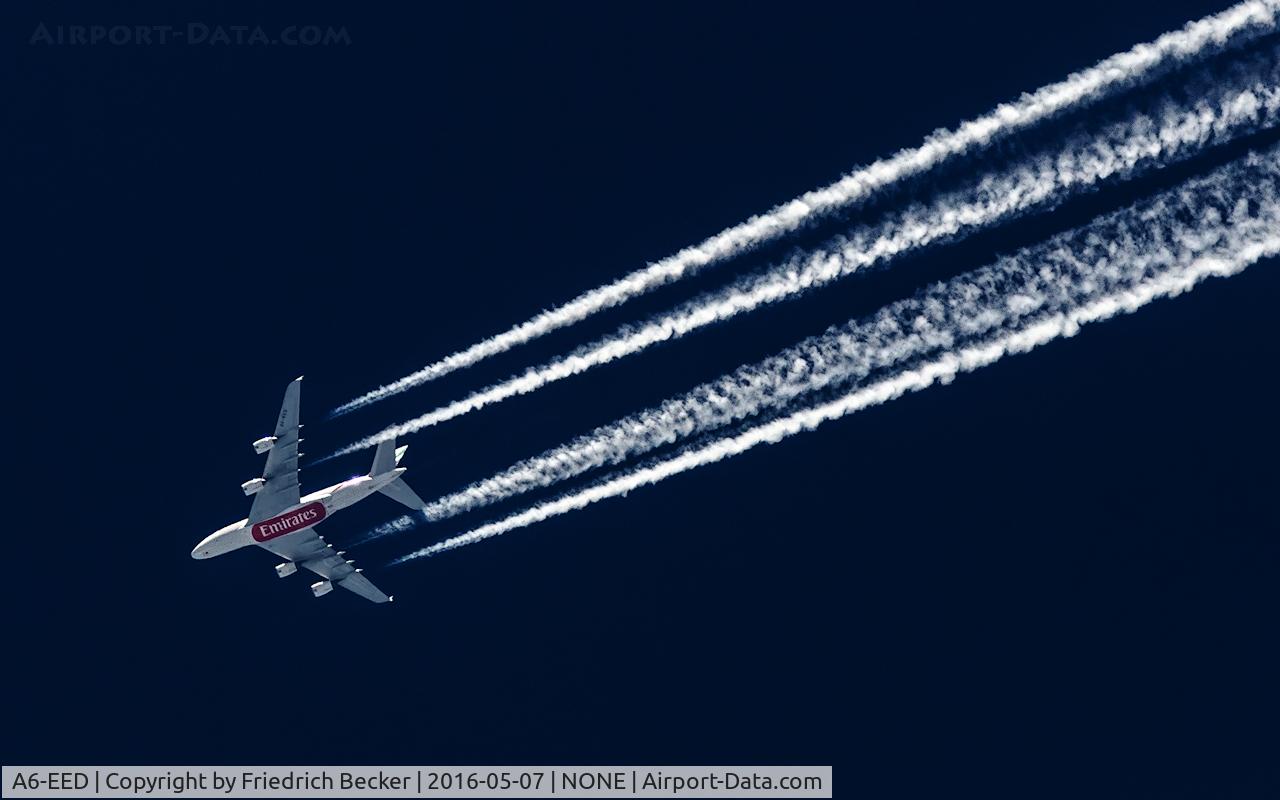 A6-EED, 2012 Airbus A380-861 C/N 111, cruising at 40000 feet as EK73 from Dubai to Paris