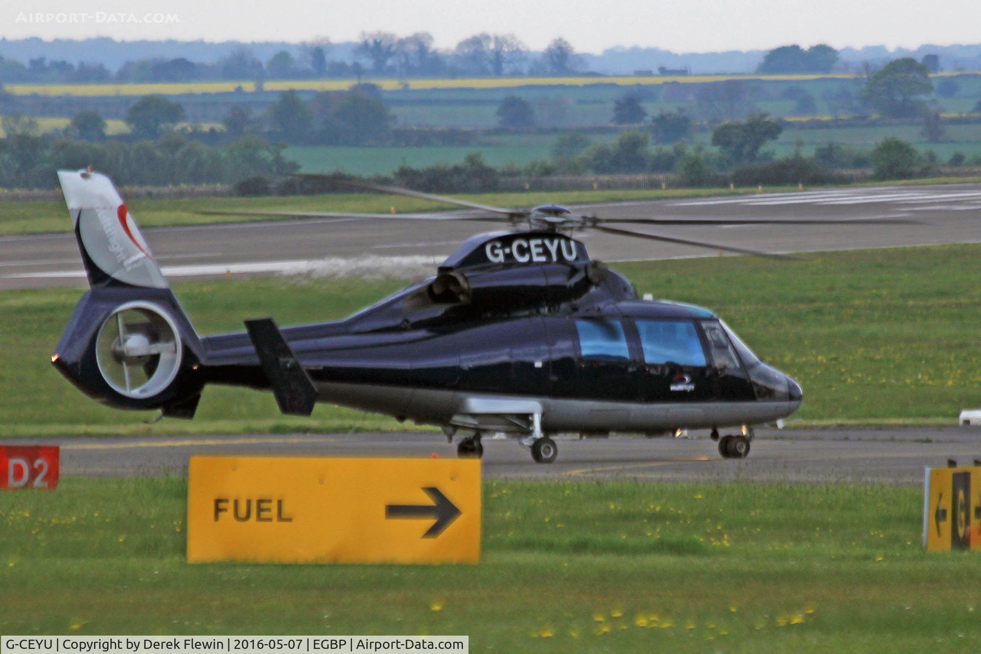 G-CEYU, 1988 Aerospatiale SA-365N-1 Dauphin 2 C/N 6298, Dauphin 2, Multiflight Ltd Leeds Bradford based, previously N975V, seen taxxing in.