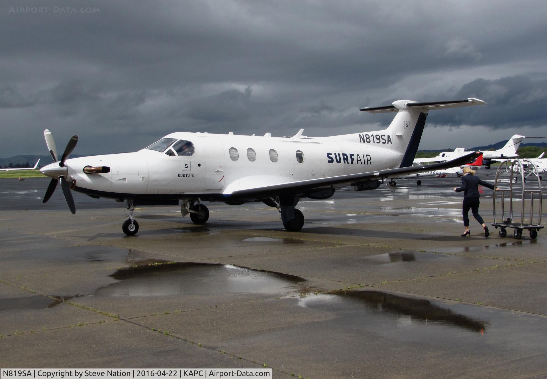 N819SA, 2014 Pilatus PC-12/47E C/N 1512, SURF AIR 2014 Pilatus PC-12/47E arriving in sunshine from KHHR after rainy morning @ Napa County Airport, CA