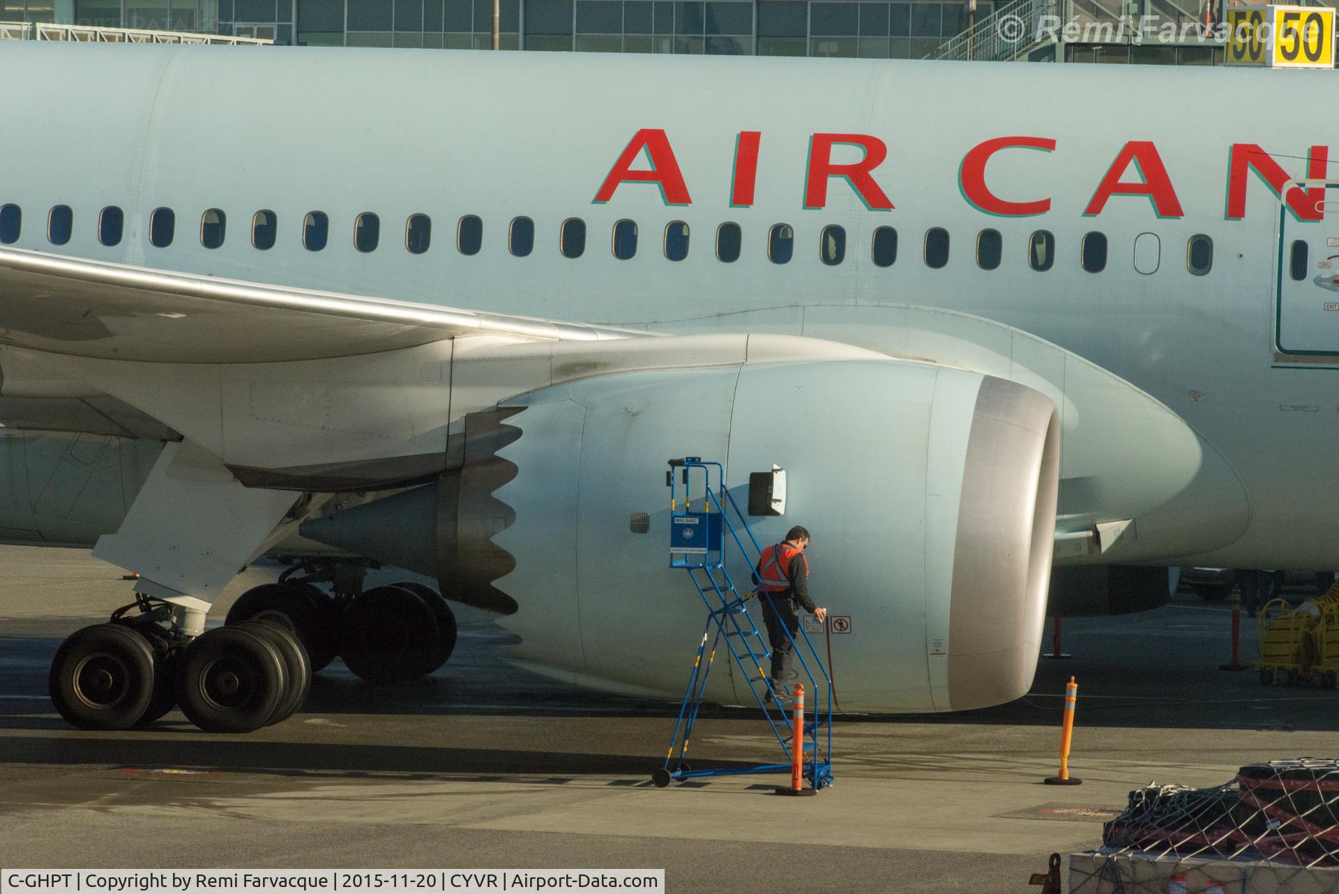 C-GHPT, 2014 Boeing 787-8 Dreamliner C/N 35258, Action scene - nacelle inspection. Parked in domestic.
