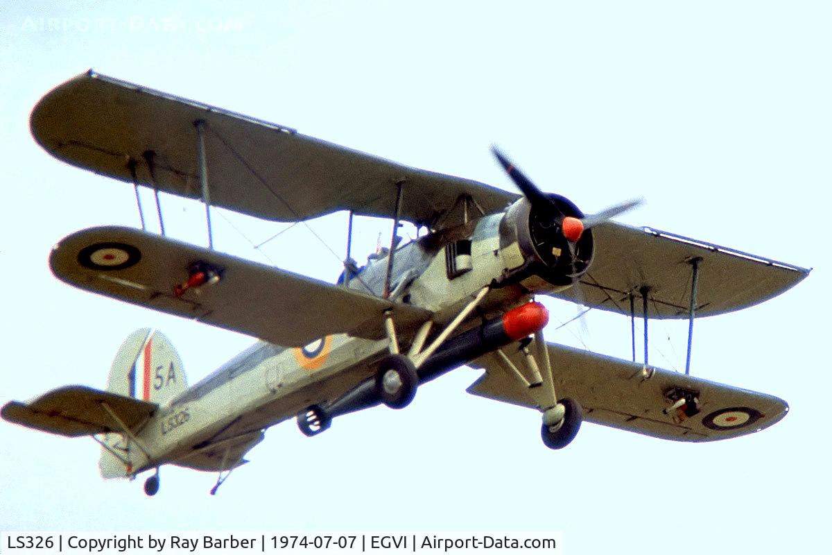 LS326, 1943 Fairey Swordfish Mk.II C/N Not found LS326, Fairey Swordfish  II [Unknown) (Royal Navy) RAF Greenham Common~G 07/07/1974. From a slide.
