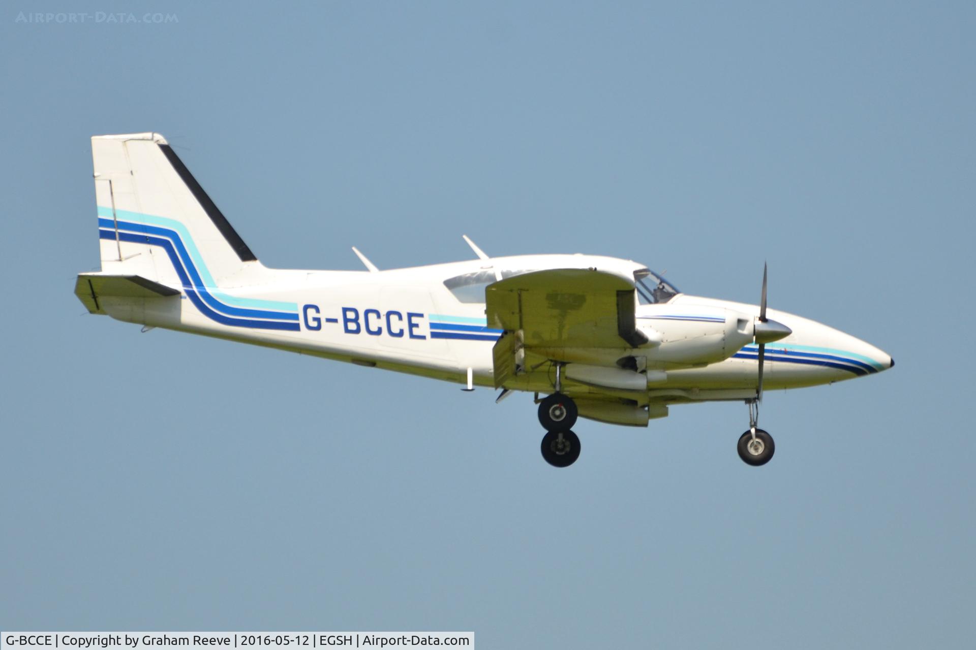 G-BCCE, 1973 Piper PA-23-250 Aztec E C/N 27-7405282, Landing at Norwich.