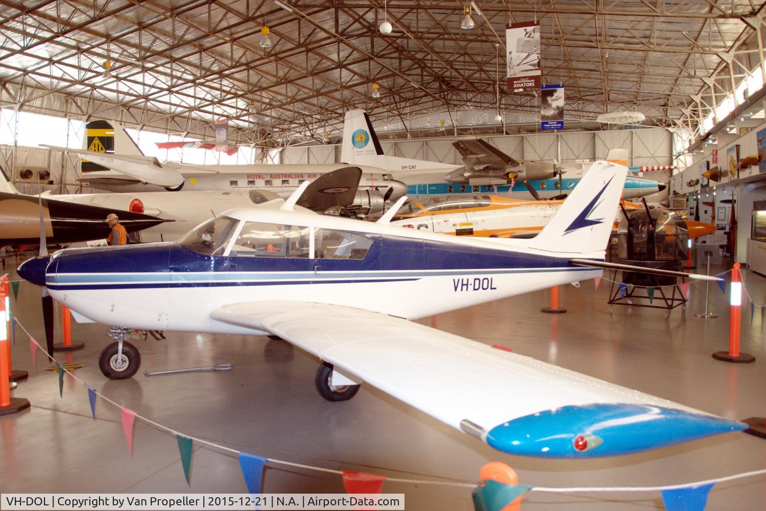VH-DOL, 1959 Piper PA-24-250/A1 Comanche C/N 24-1333, Piper PA-24-250 Comanche in the South Australian Aviation Museum at Port Adelaide. Participated in the London - Adelaide – Sydney air race in 1969, that commemorated the 50th anniversary of the 1919 Vimy flight in 1919, flown by then owner Rick Buchanan.