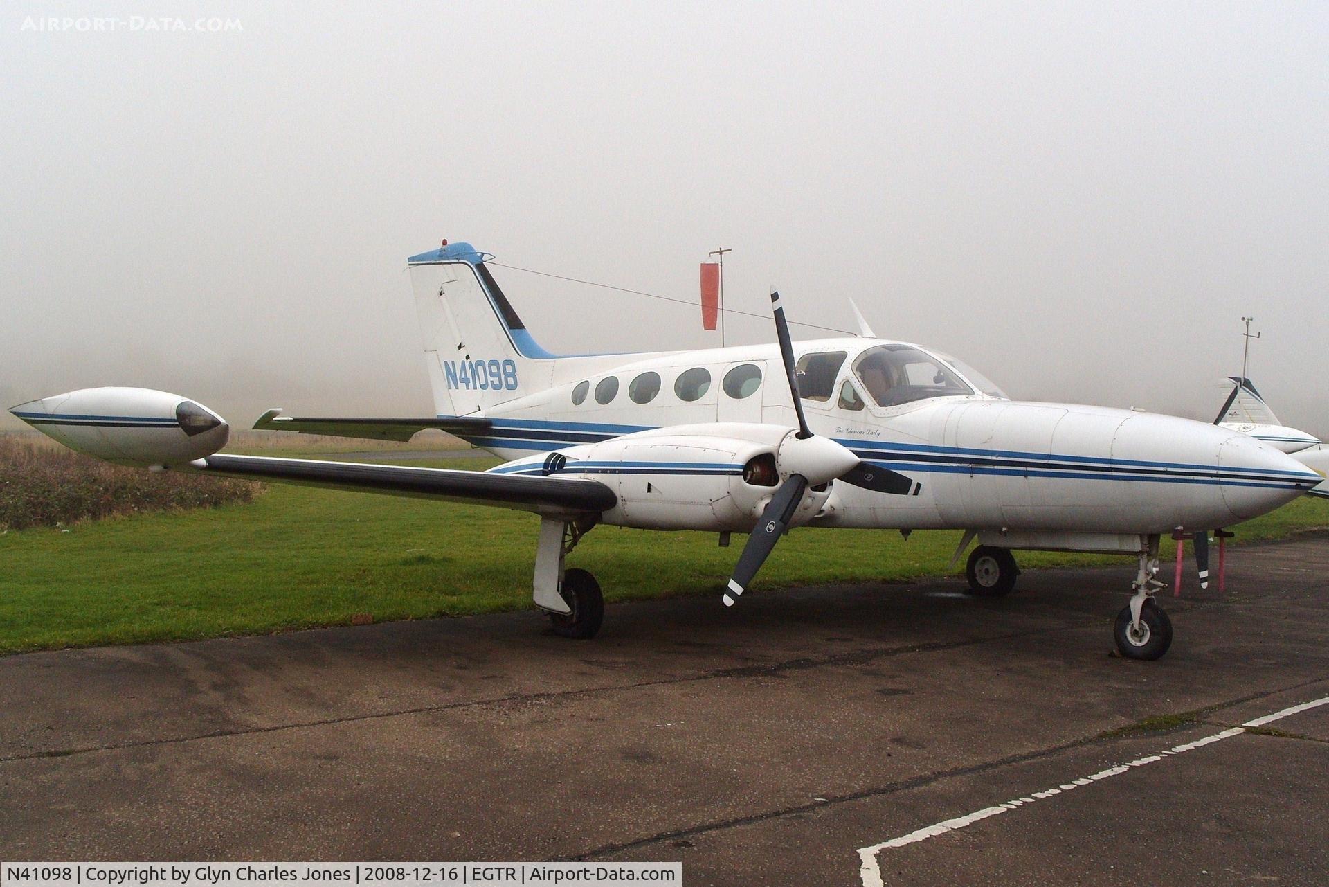 N41098, 1973 Cessna 421B Golden Eagle C/N 421B0448, Front view of 'The Glencar Lady'. Taken on a quiet cold and foggy day. With thanks to Elstree control tower who granted me authority to take photographs on the aerodrome. Owned by Houston Aircraft Corp Trustee.
