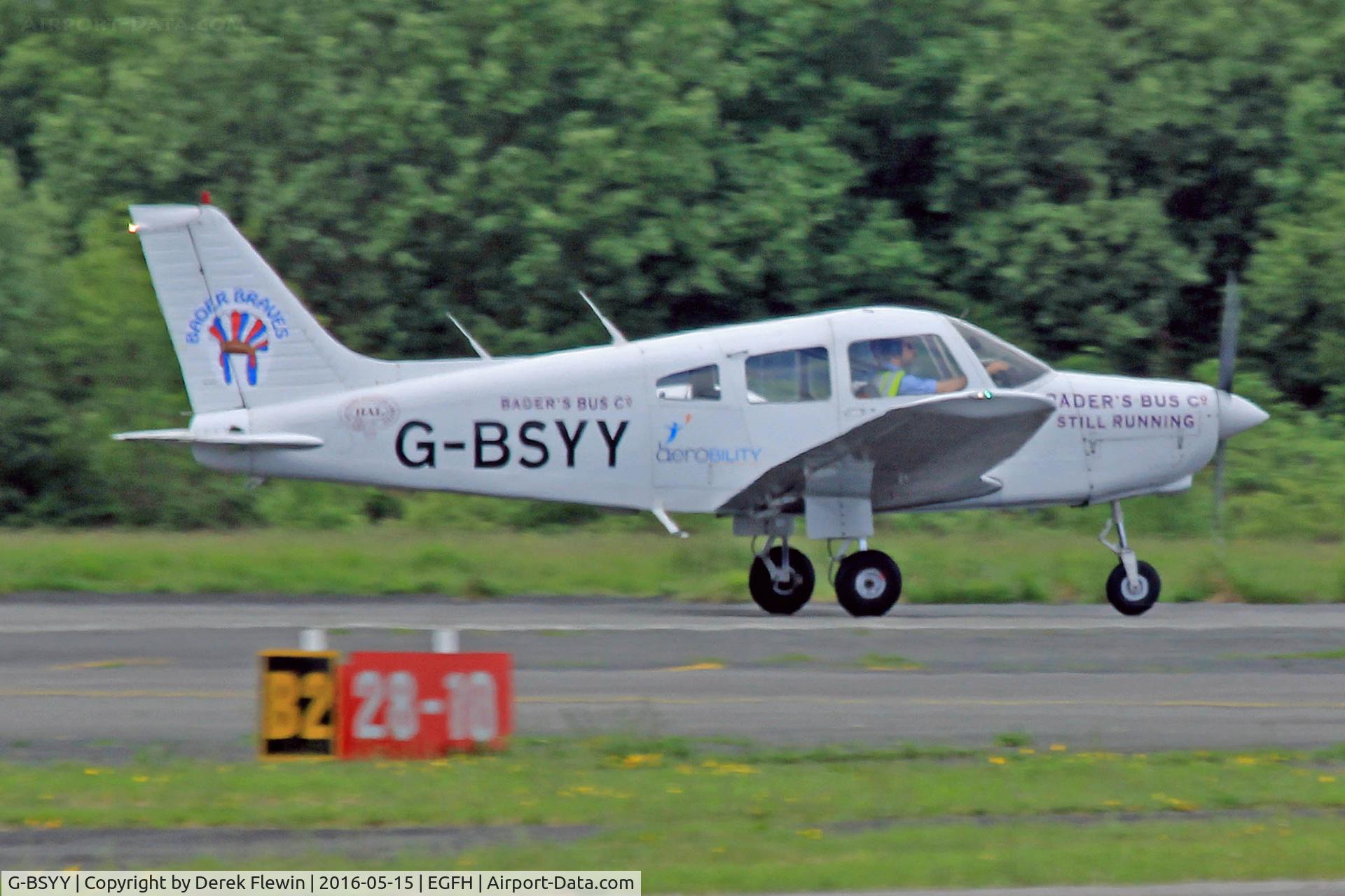 G-BSYY, 1986 Piper PA-28-161 Cherokee Warrior II C/N 2816009, Cherokee Warrior II, British Disabled Flying Association Blackbushe based, previously N9100X, G-BSYY, N440X, seen departing runway 28 en-route rtb.