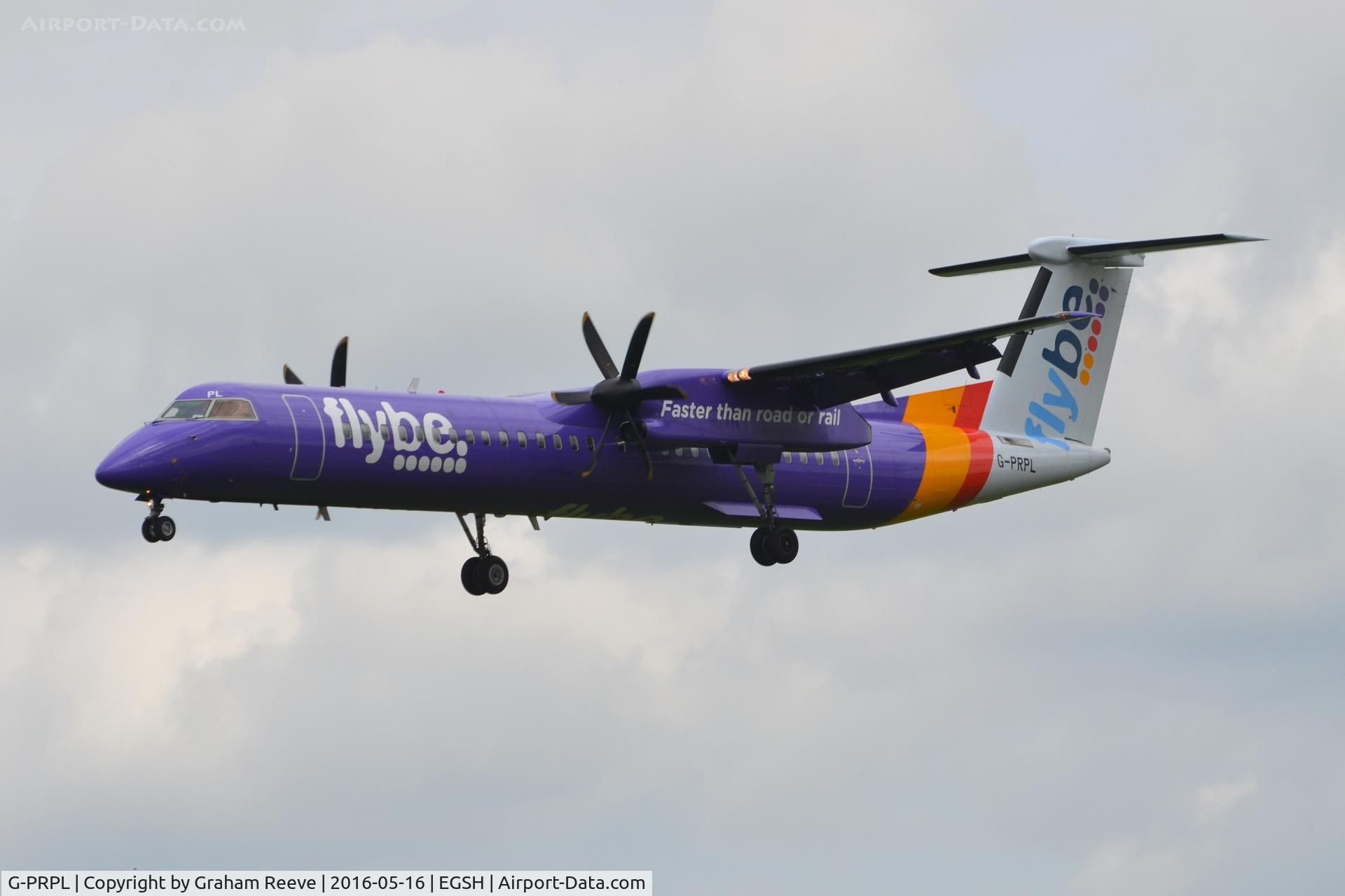 G-PRPL, 2011 Bombardier DHC-8-402 Dash 8 C/N 4380, Landing at Norwich.