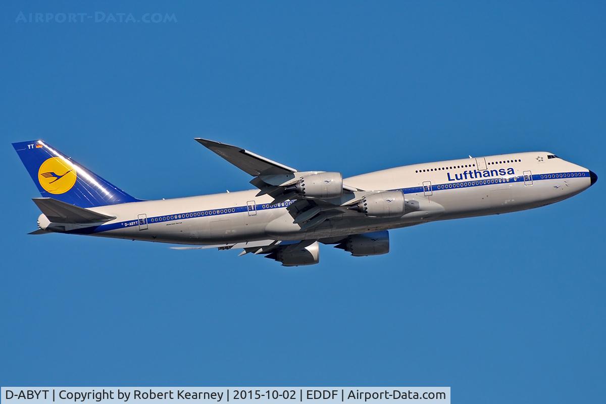 D-ABYT, 2015 Boeing 747-830 C/N 37844, Climbing out of EDDF