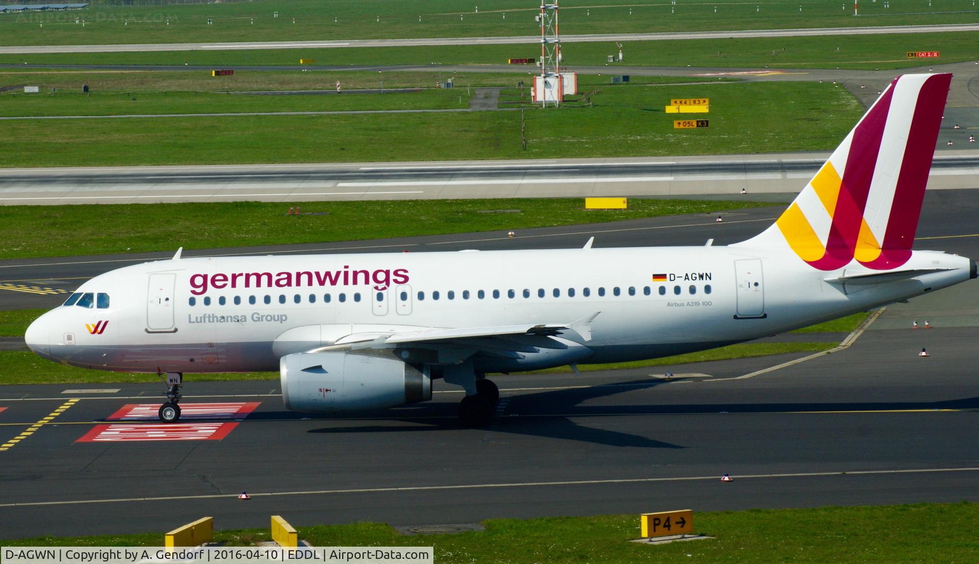 D-AGWN, 2009 Airbus A319-132 C/N 3841, Germanwings, is here taxiing at Düsseldorf Int'l(EDDL)