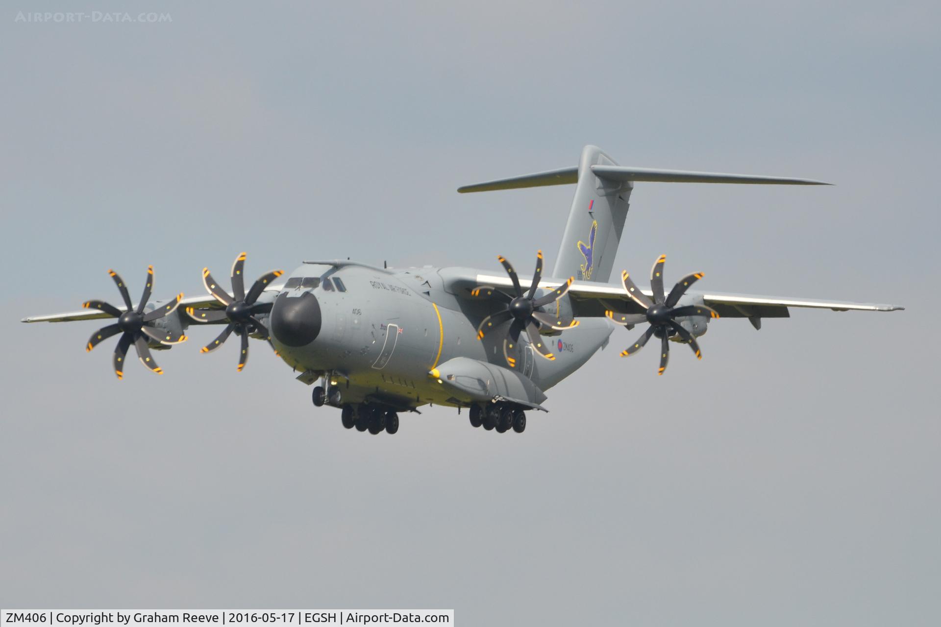 ZM406, 2015 Airbus A400M Atlas C.1 C/N 025, On approach to Norwich with special tail markings.
