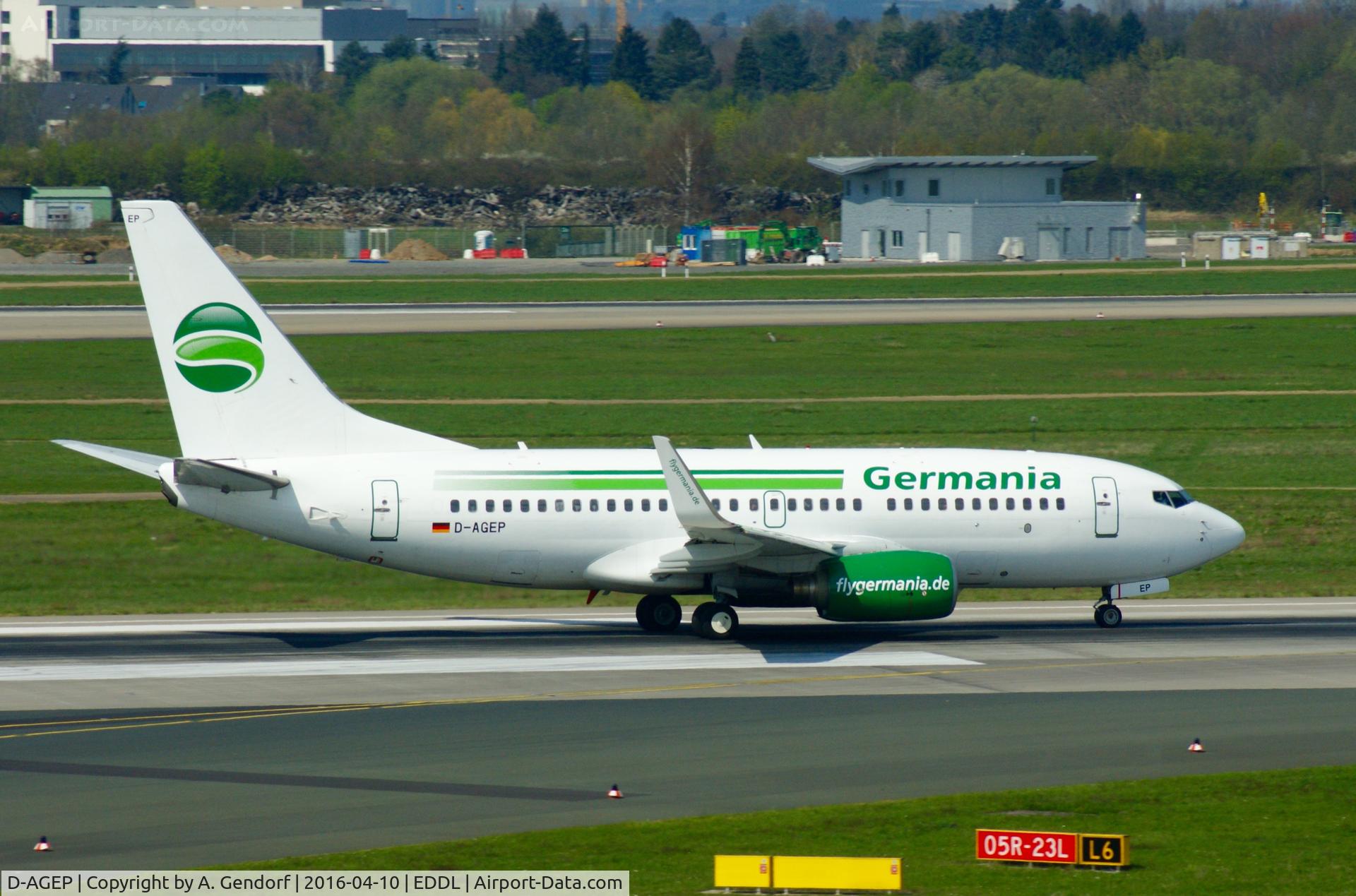 D-AGEP, 1998 Boeing 737-75B C/N 28102, Germania, is here speeding up on RWY 05R at Düsseldorf Int'l(EDDL)