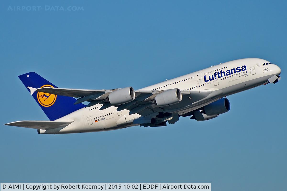 D-AIMI, 2011 Airbus A380-841 C/N 072, Climbing out of EDDF