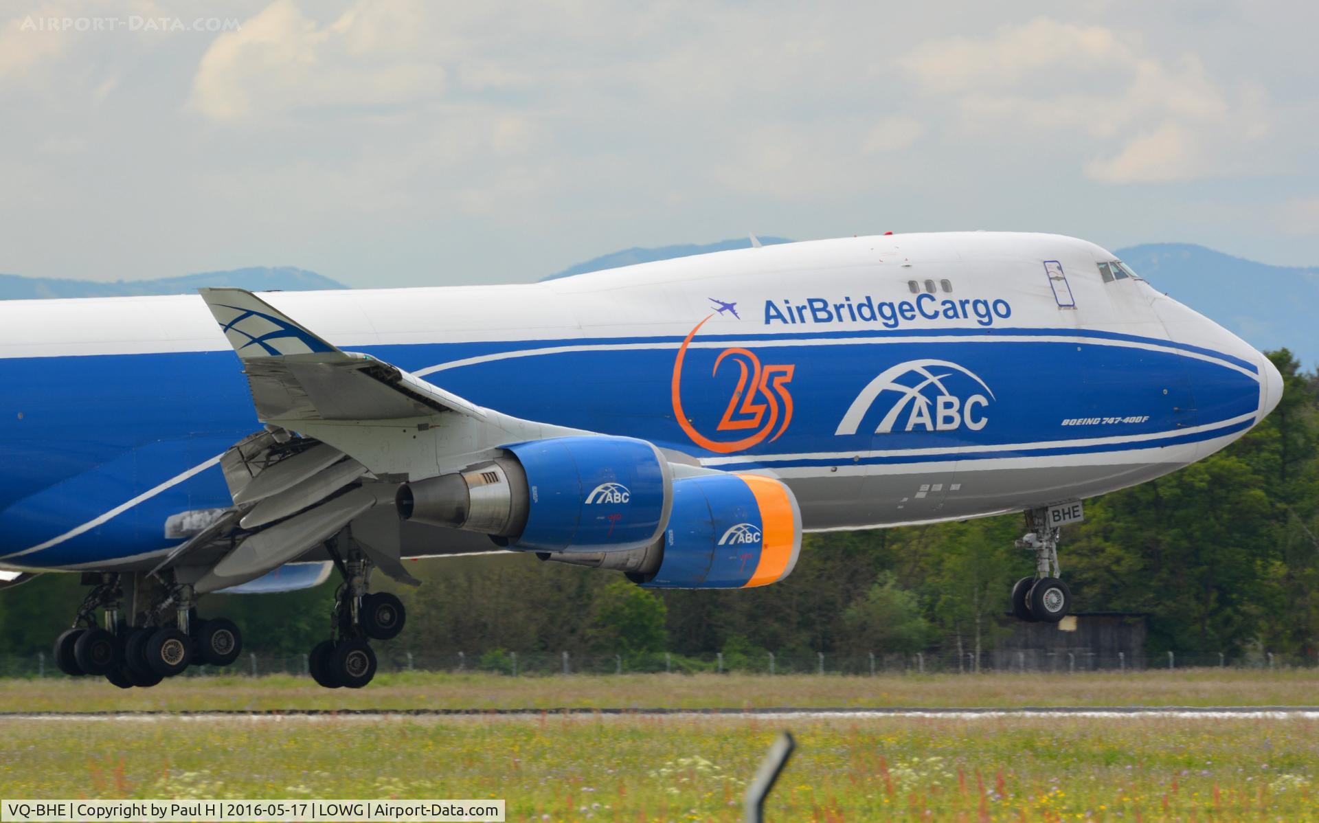 VQ-BHE, 2008 Boeing 747-4KZF (SCD) C/N 36784, Air Bridge Cargo, ABC Boeing 747-4KZF seconds before touchdown at LOWG