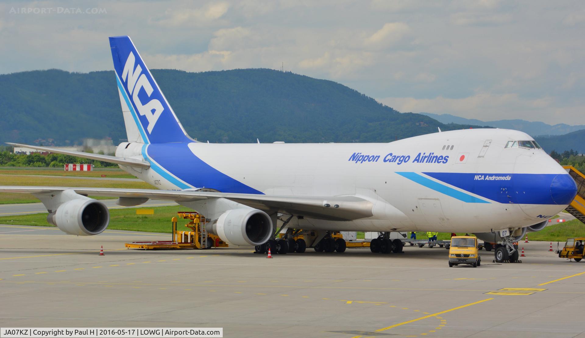 JA07KZ, 2008 Boeing 747-4KZF C/N 36134, Nippon Cargo NCA B747-400F loaded with the RedBull AirRace planes at LOWG