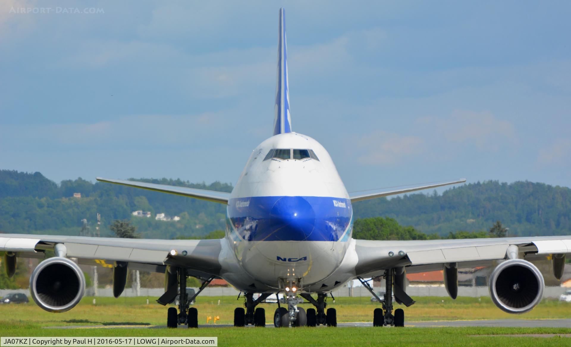 JA07KZ, 2008 Boeing 747-4KZF C/N 36134, Nippon Cargo NCA B747-400F turning for take-off from LOWG with the RedBull AirRace planes