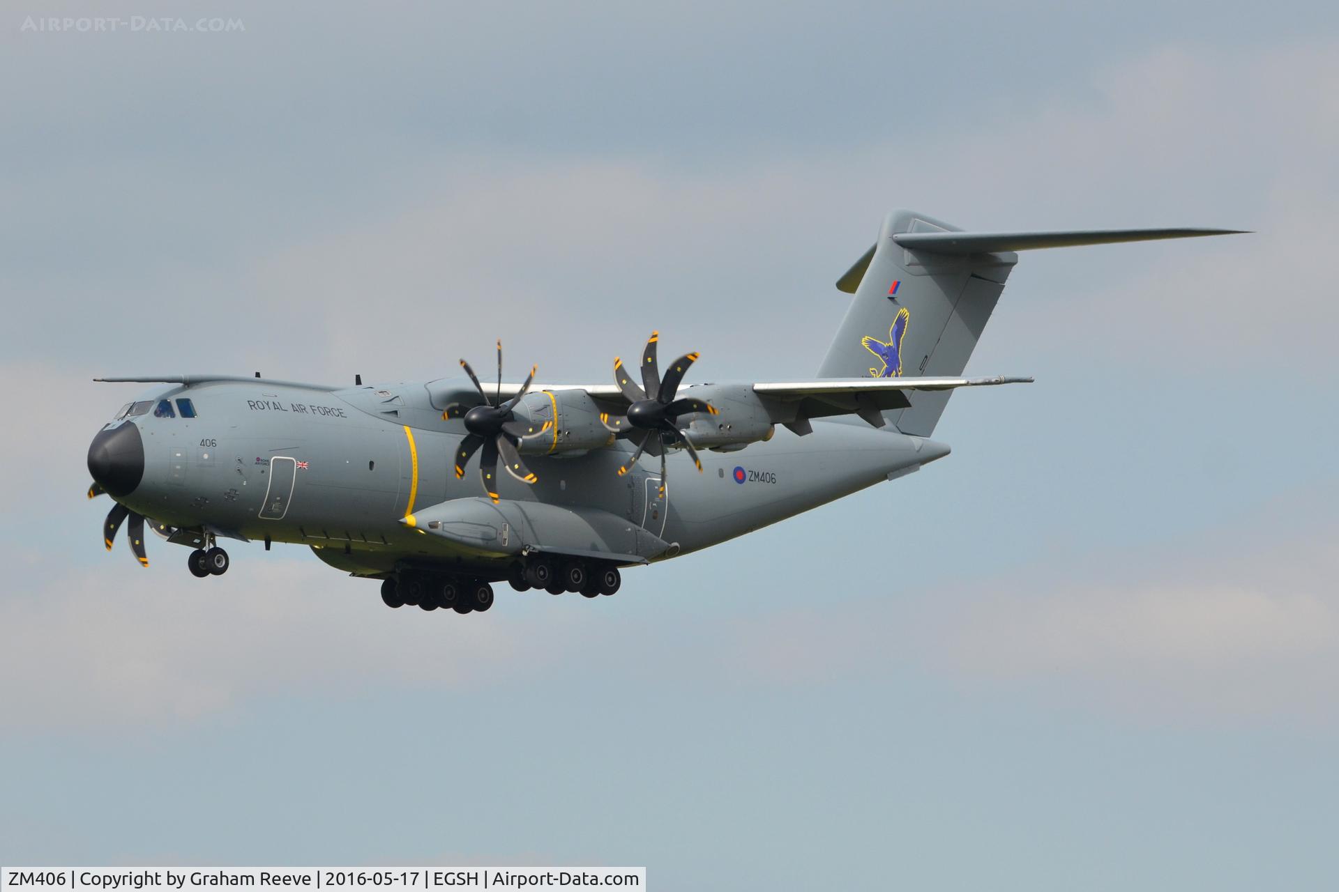 ZM406, 2015 Airbus A400M Atlas C.1 C/N 025, On approach to Norwich.