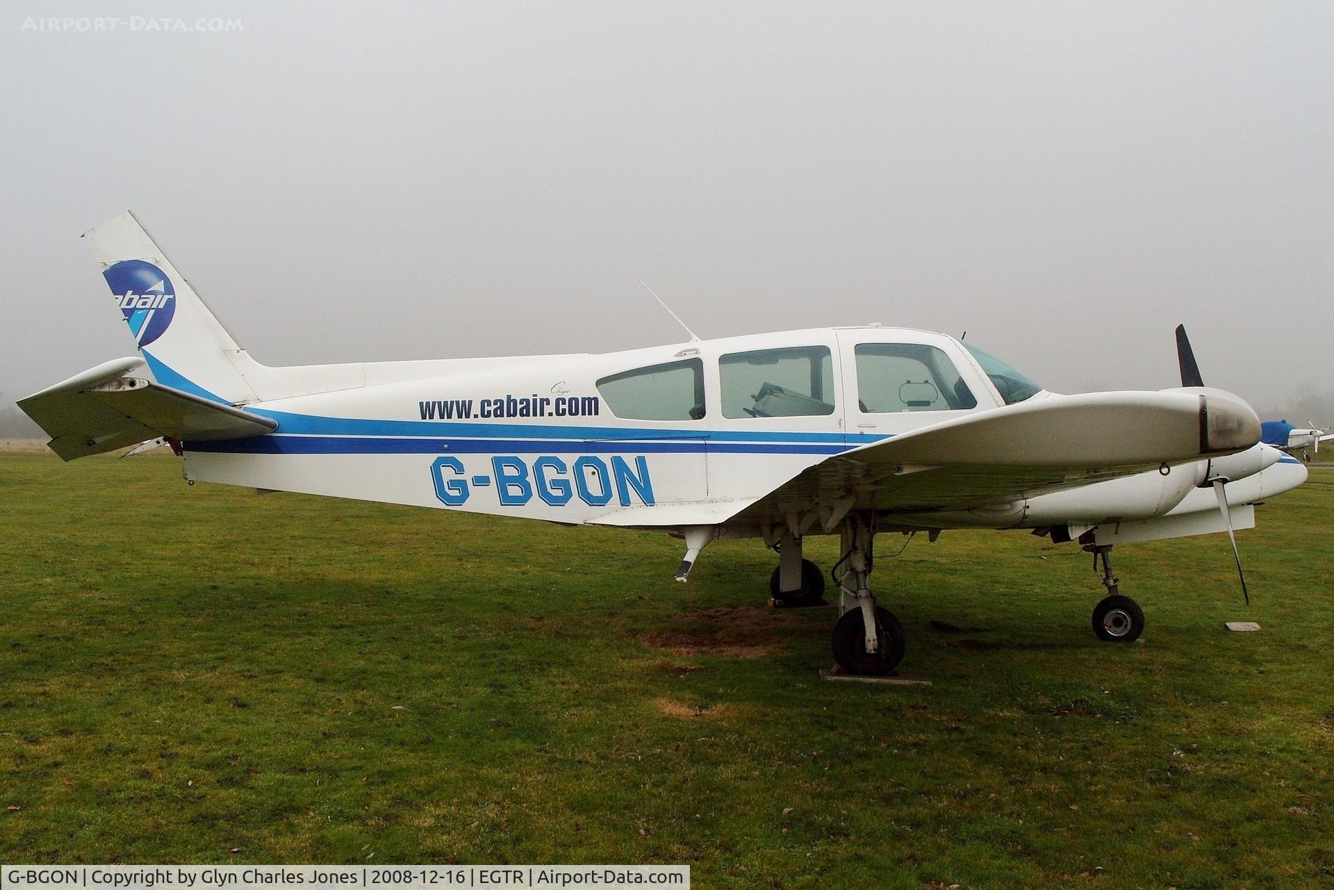 G-BGON, 1979 Gulfstream American GA-7 Cougar C/N GA7-0095, Taken on a quiet cold and foggy day. With thanks to Elstree control tower who granted me authority to take photographs on the aerodrome. Missing half its tail which appears to be residing in the cockpit! Previously N9527Z. Operated by Cabair.