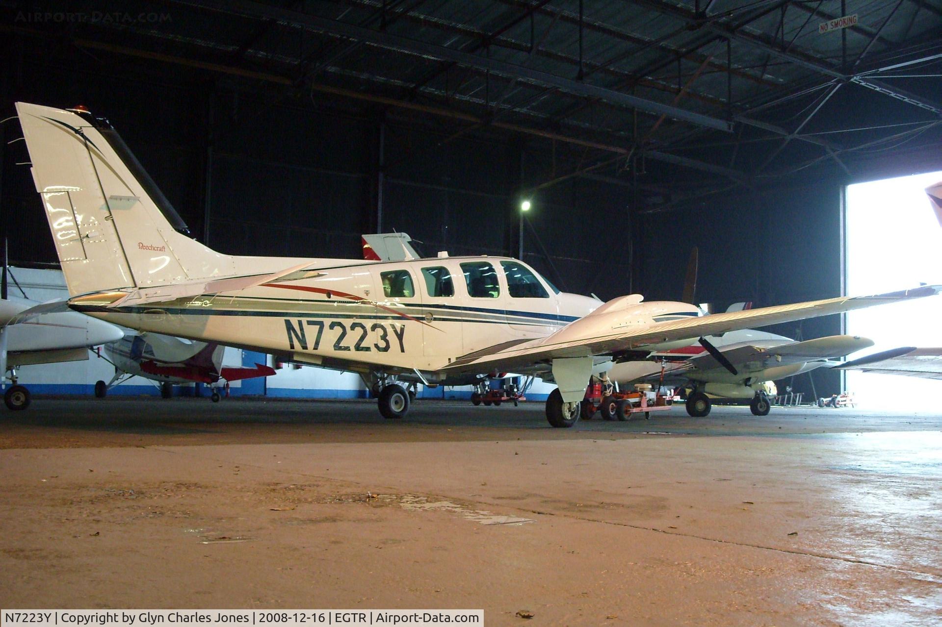 N7223Y, 1985 Beech 58 Baron C/N TH-1456, With thanks to the engineer of Metair who granted me authority to take photos in the hangar. Owned by Southern Aircraft Consultancy Inc Trustee.
