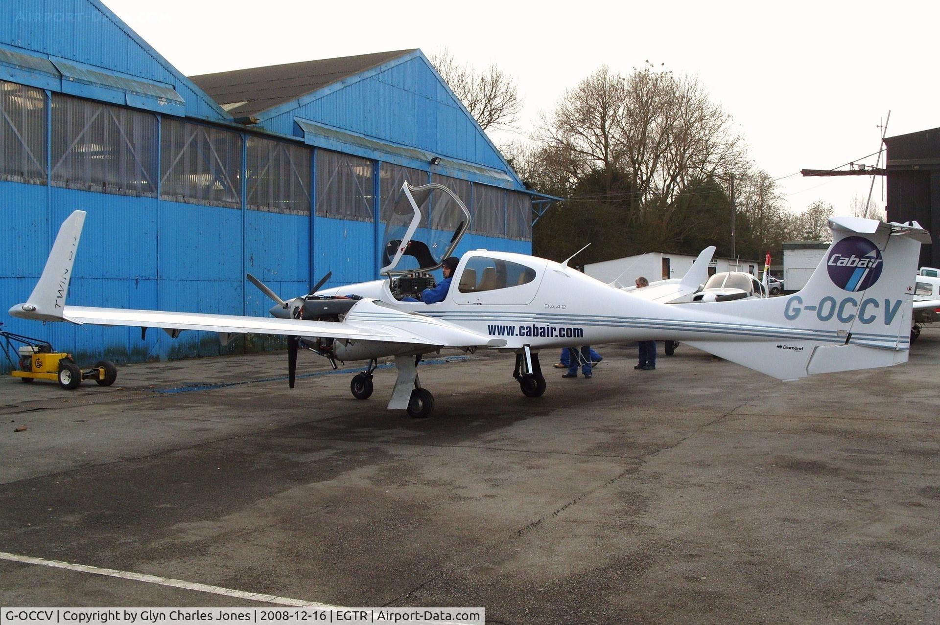 G-OCCV, 2004 Diamond DA-42 Twin Star C/N 42.010, Taken on a quiet cold and foggy day. With thanks to Elstree control tower who granted me authority to take photographs on the aerodrome. It had just been brought out of the hangar and the engines were being tested. Previously F-GSIM. Operated by Cabair.