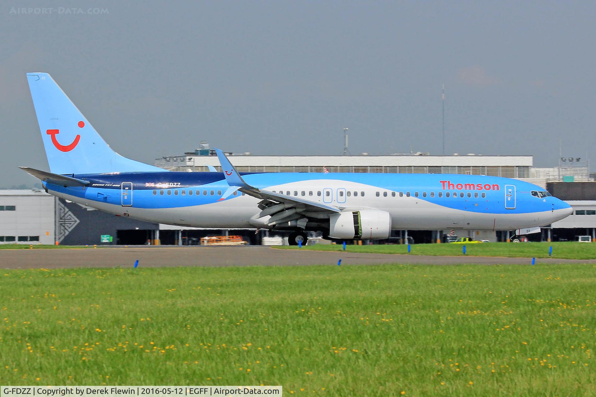 G-FDZZ, 2011 Boeing 737-8K5 C/N 37262, 737-8K5, Thomson Airways, callsign Thomson 9YM, previously G-FDZZ, C-FHZZ, landing on runway 12 out of Lanzarote,  note the open reverse thruster doors.