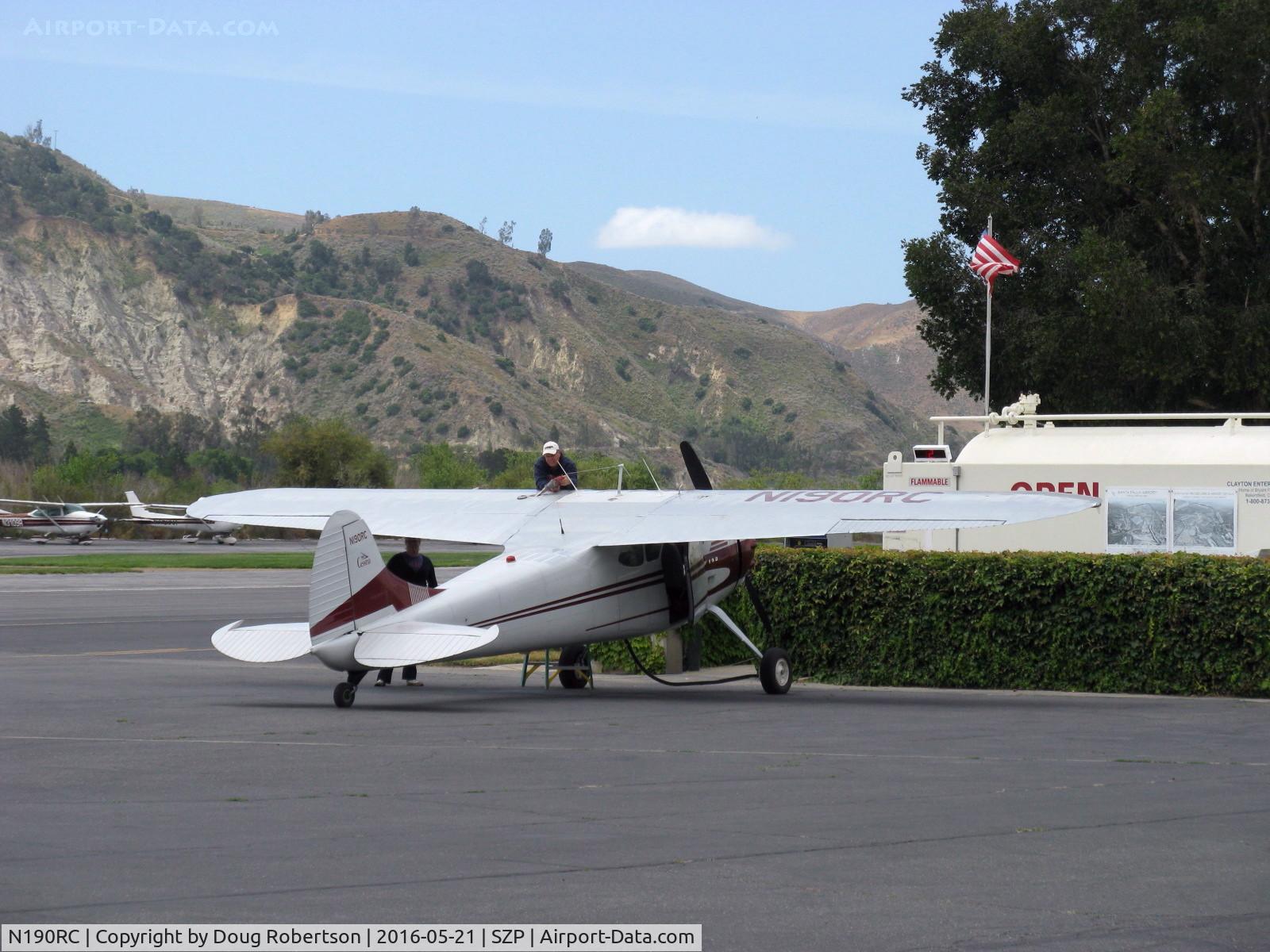 N190RC, 1953 Cessna 190 C/N 16056, 1953 Cessna 190 BUSINESSLINER, Continental W670 220 Hp radial, at fuel dock refueling wing tanks