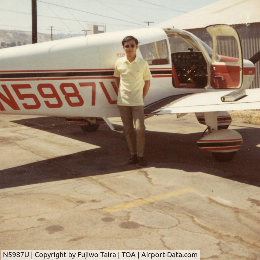 N5987U, 1970 Piper PA-28-140 Cherokee C/N 28-26805, I was going for my instrument rating in this aircraft in summer of 1970.
This photo was taken at Torrance Airport, in southern California. My desire to become an airline pilot, has never materialized, but stayed in  Aerospace , for the next 45 years.