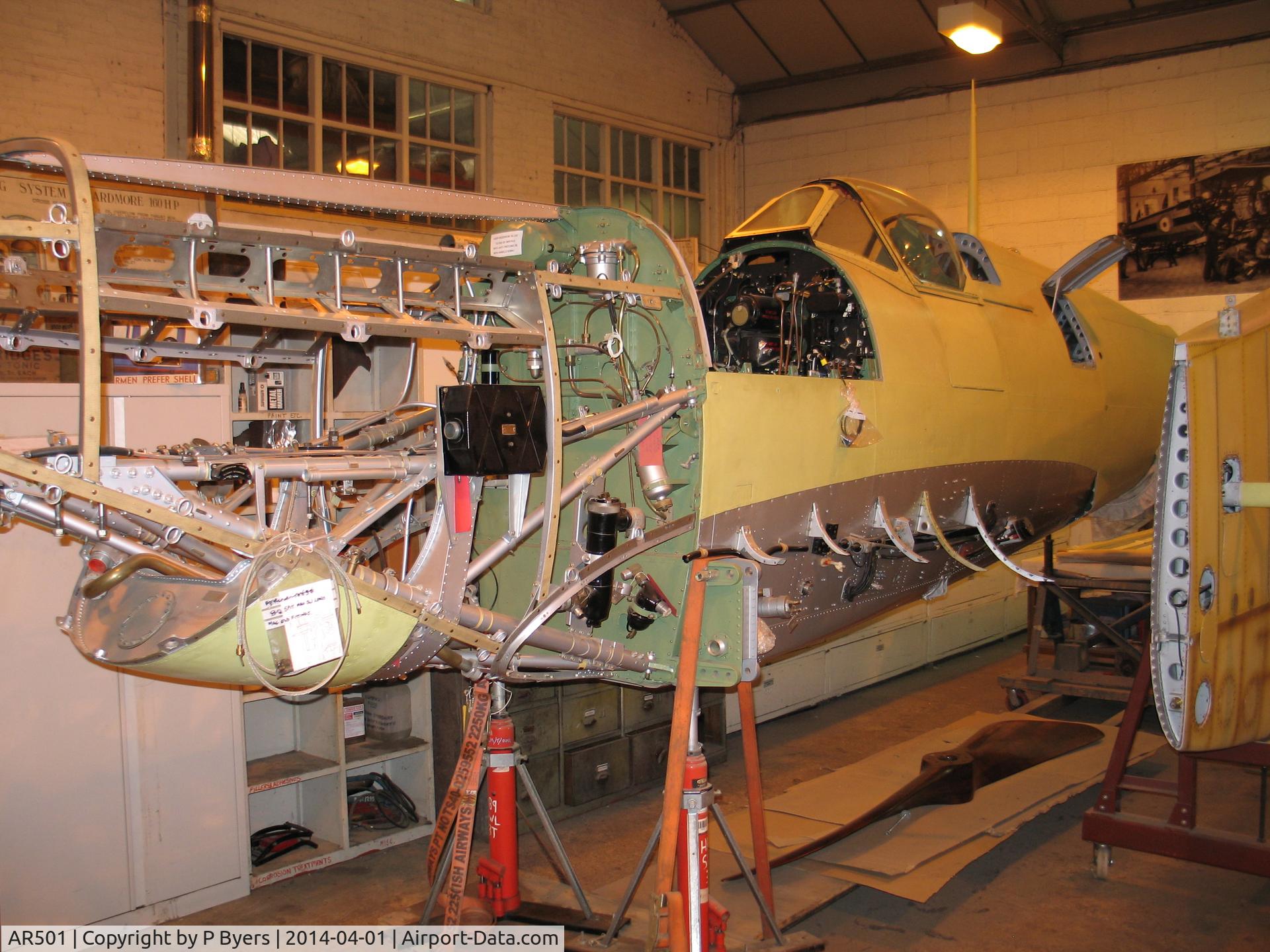 AR501, 1942 Supermarine 349 Spitfire LF.Vc C/N WASP/20/223, Spitfire in workshop at Shuttleworth