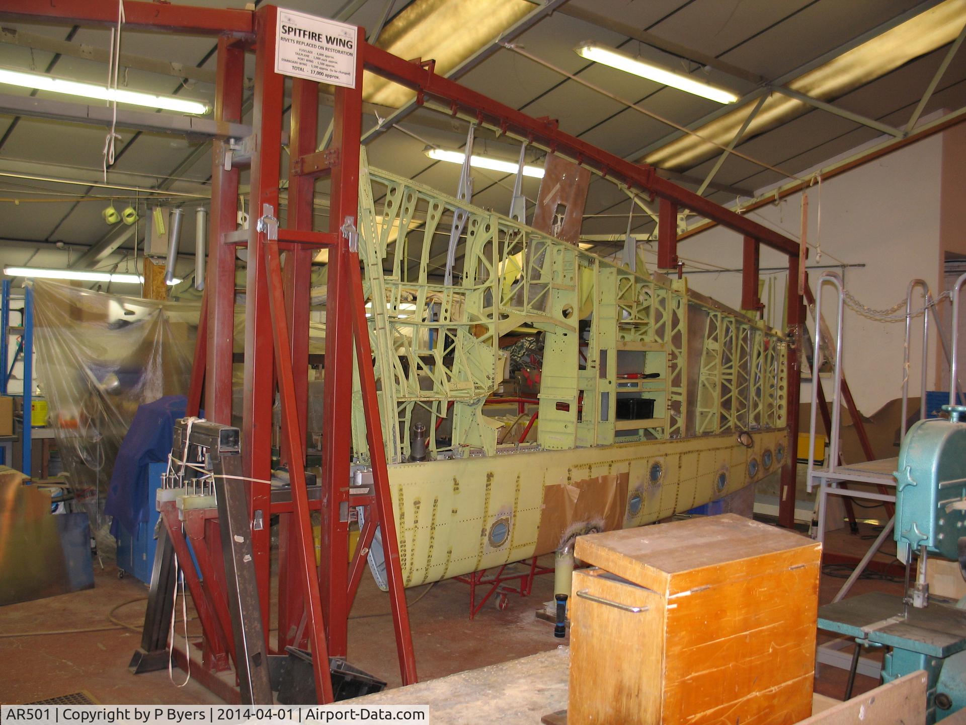 AR501, 1942 Supermarine 349 Spitfire LF.Vc C/N WASP/20/223, Spitfire wing in jig at Shuttleworth