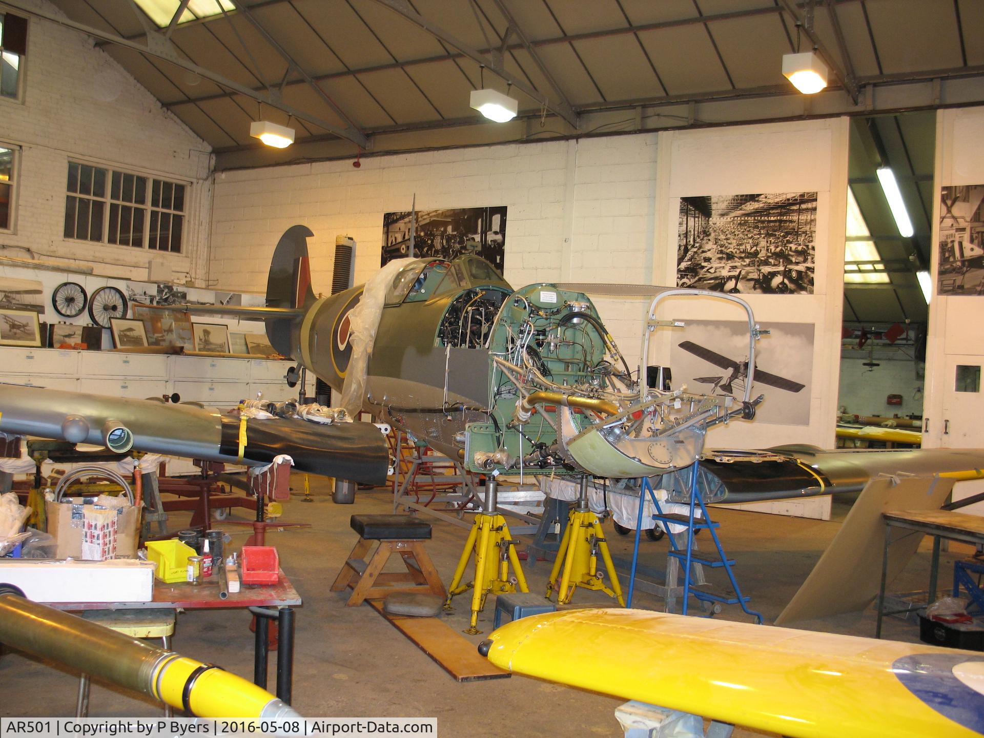 AR501, 1942 Supermarine 349 Spitfire LF.Vc C/N WASP/20/223, In workshop at Shuttleworth, Old Warden