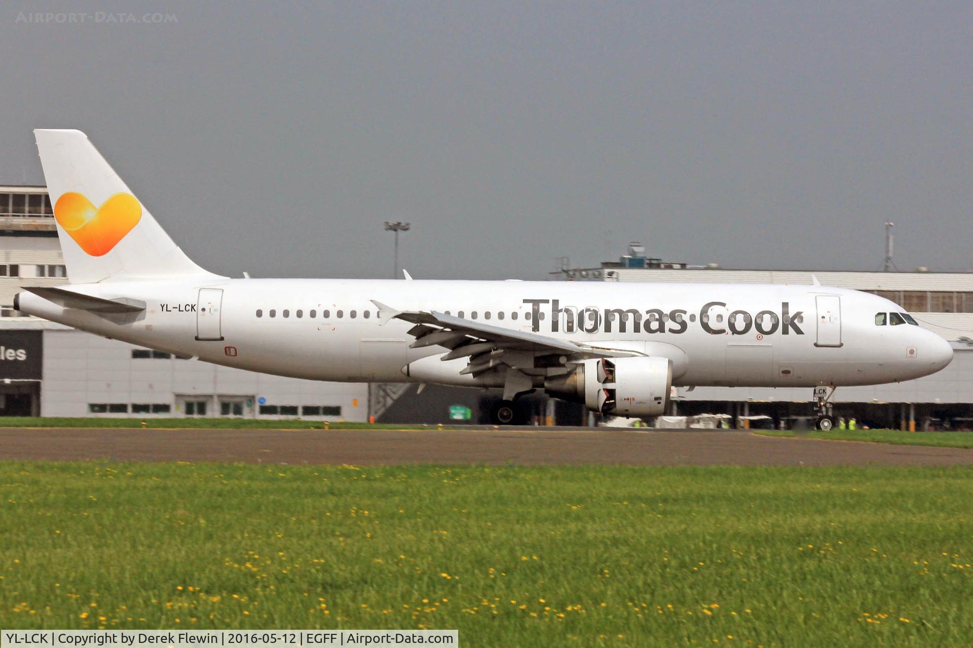 YL-LCK, 1998 Airbus A320-214 C/N 936, A320-214, Thomas Cook Airlines, callsign Kestrel 34NE, Cardiff based, previously F-WWIT, N101UW, RP-C3229, HB-JIZ, OE-IBU, landing on runway 12, out of Zakynthos, note the open reverse thruster doors.
