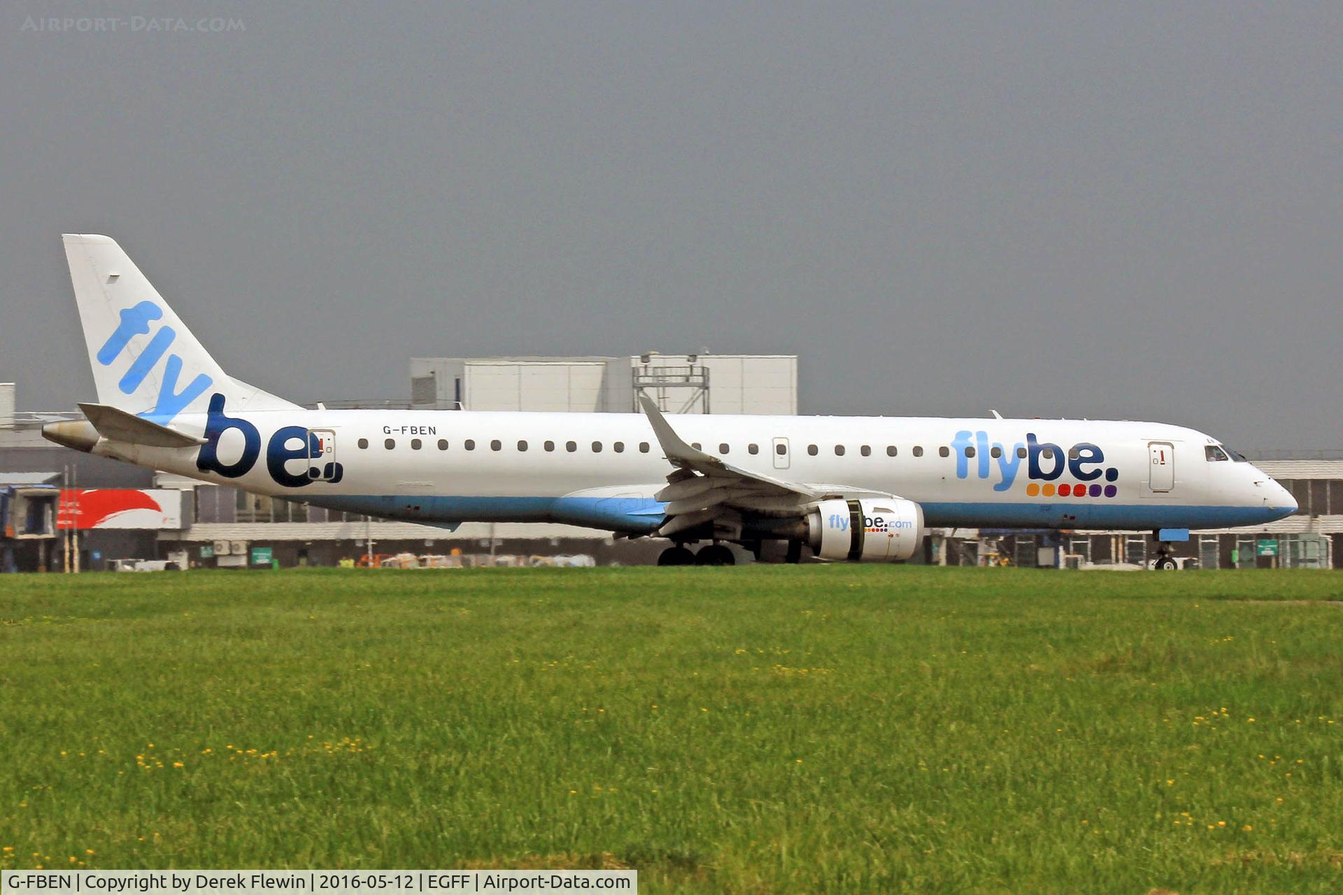 G-FBEN, 2008 Embraer 195LR (ERJ-190-200LR) C/N 19000213, Embraer 195LR, FlyBe, call sign Jersey 4TA, previously PT-SGW, seen landing on runway 12 out of Glasgow, note the open reverse thruster doors.