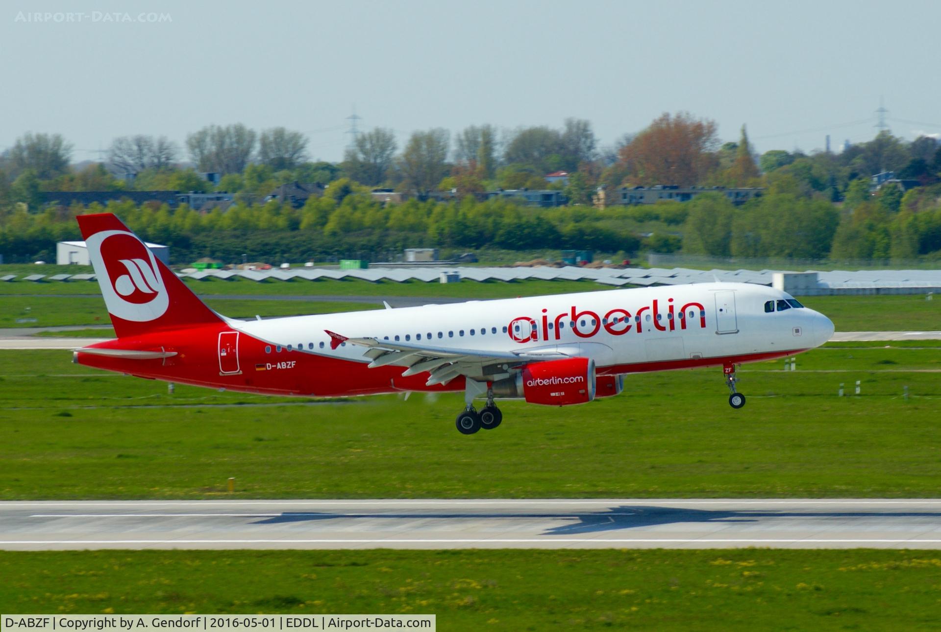 D-ABZF, 2008 Airbus A320-216 C/N 3482, Air Berlin, is here landing RWY 05R at Düsseldorf Int'l(EDDL)