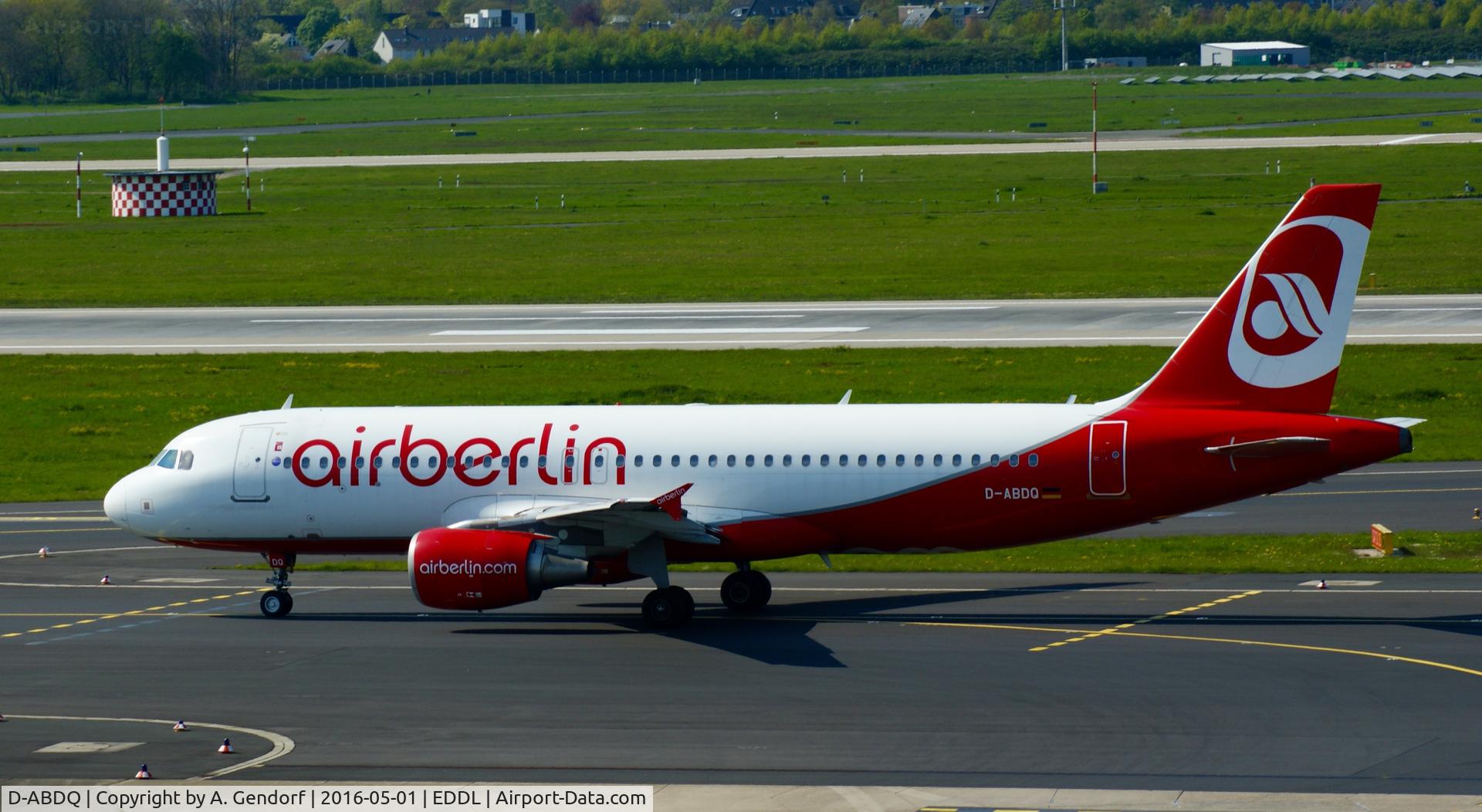 D-ABDQ, 2007 Airbus A320-214 C/N 3121, Air Berlin, is here taxiing to RWY 05R at Düsseldorf Int'l(EDDL)