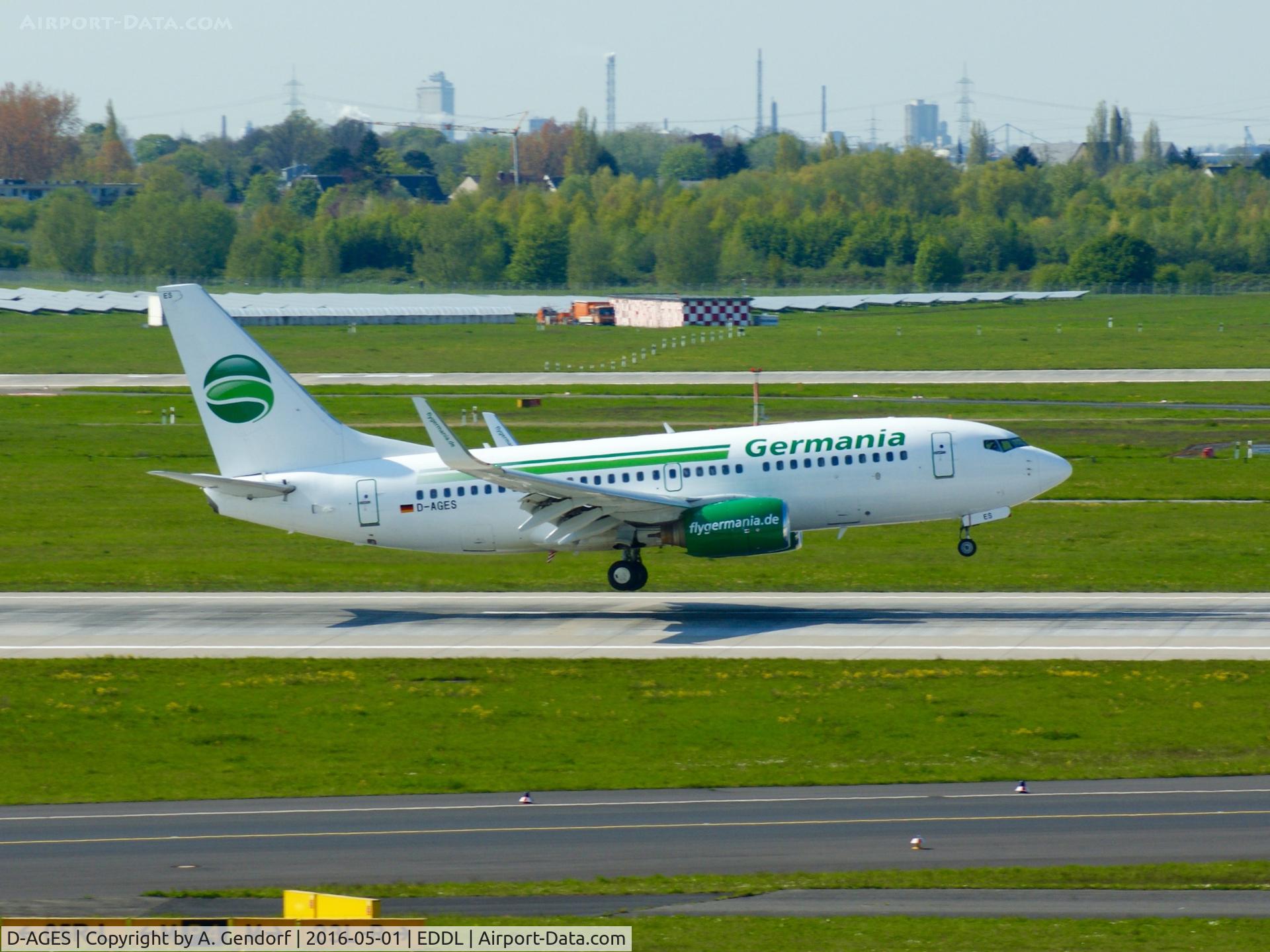 D-AGES, 1998 Boeing 737-75B C/N 28108, Germania, is here landing on RWY 05R at Düsseldorf Int'l(EDDL)