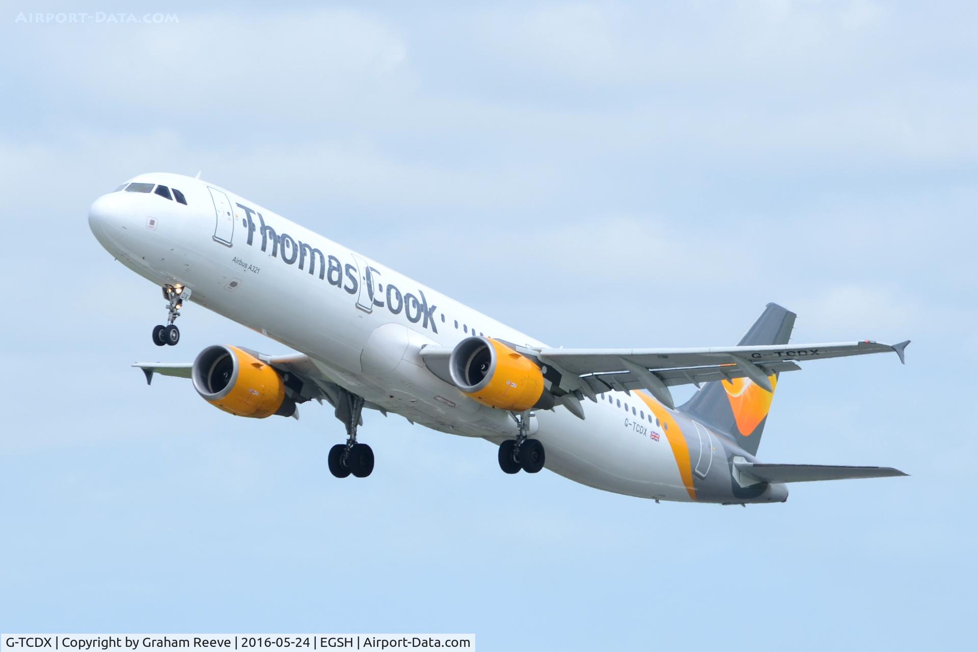 G-TCDX, 2002 Airbus A321-211 C/N 1887, Departing from Norwich.
