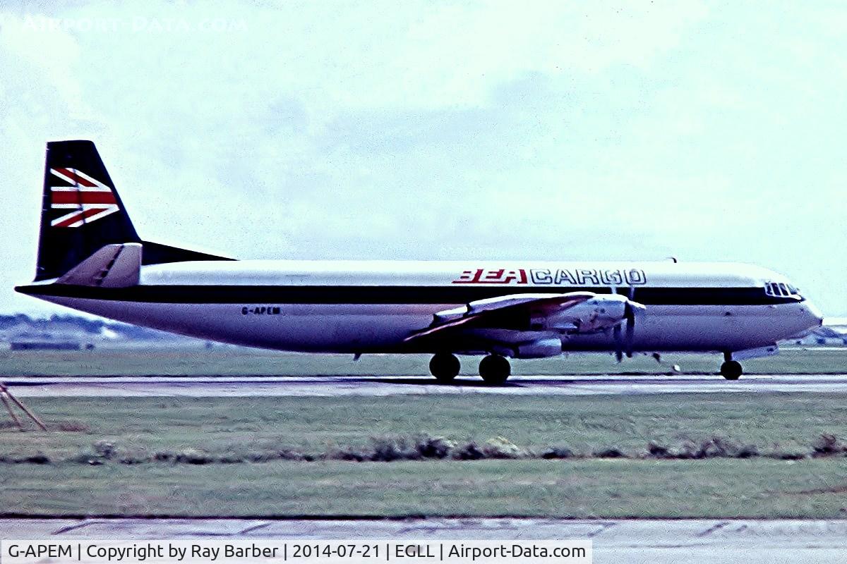G-APEM, 1961 Vickers V953C Merchantman C/N 716, Vickers V.953C Merchantman [716] (BEA Cargo) Heathrow~G  @1972 From a slide . Not the best of images and date is approximate.